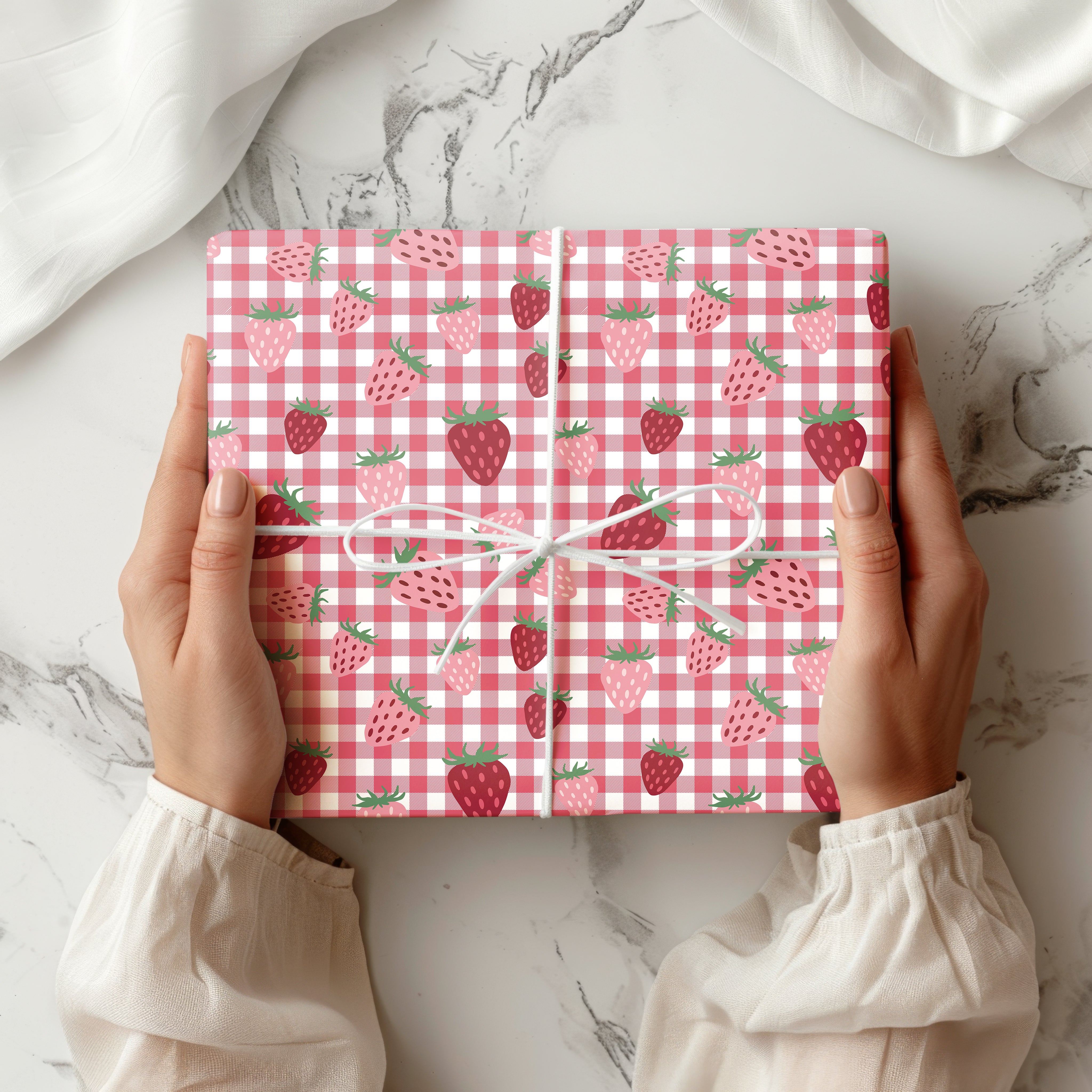 Strawberry Gingham Wrapping Paper Sheet – Cute Red and Pink Checkered Fruit Gift Wrap for Birthdays, Red and Pink