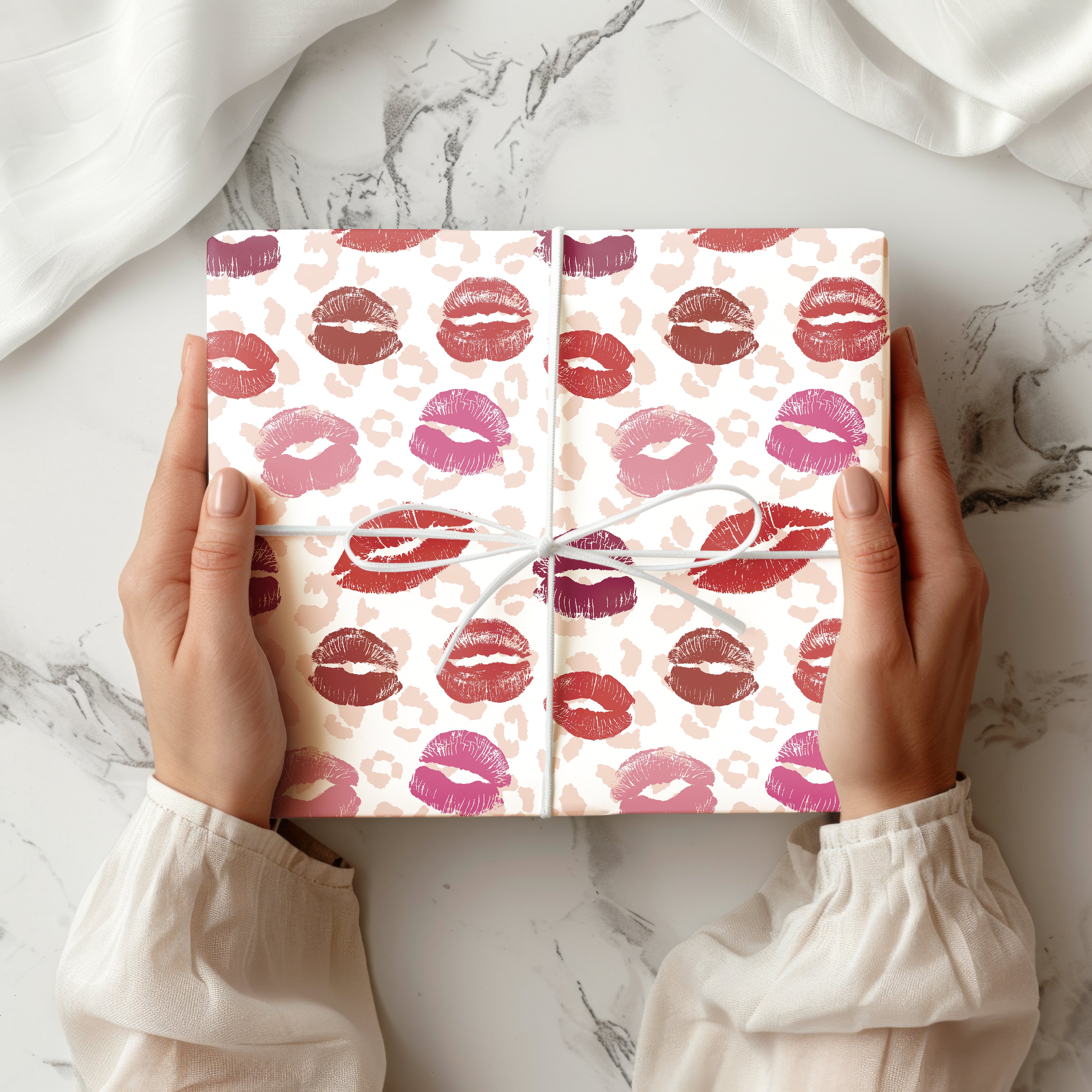Lipstick Kiss and Leopard Print Wrapping Paper Sheet – Trendy Animal Pattern Gift Wrap for Valentine's Day and Birthdays, Pink and Burgundy