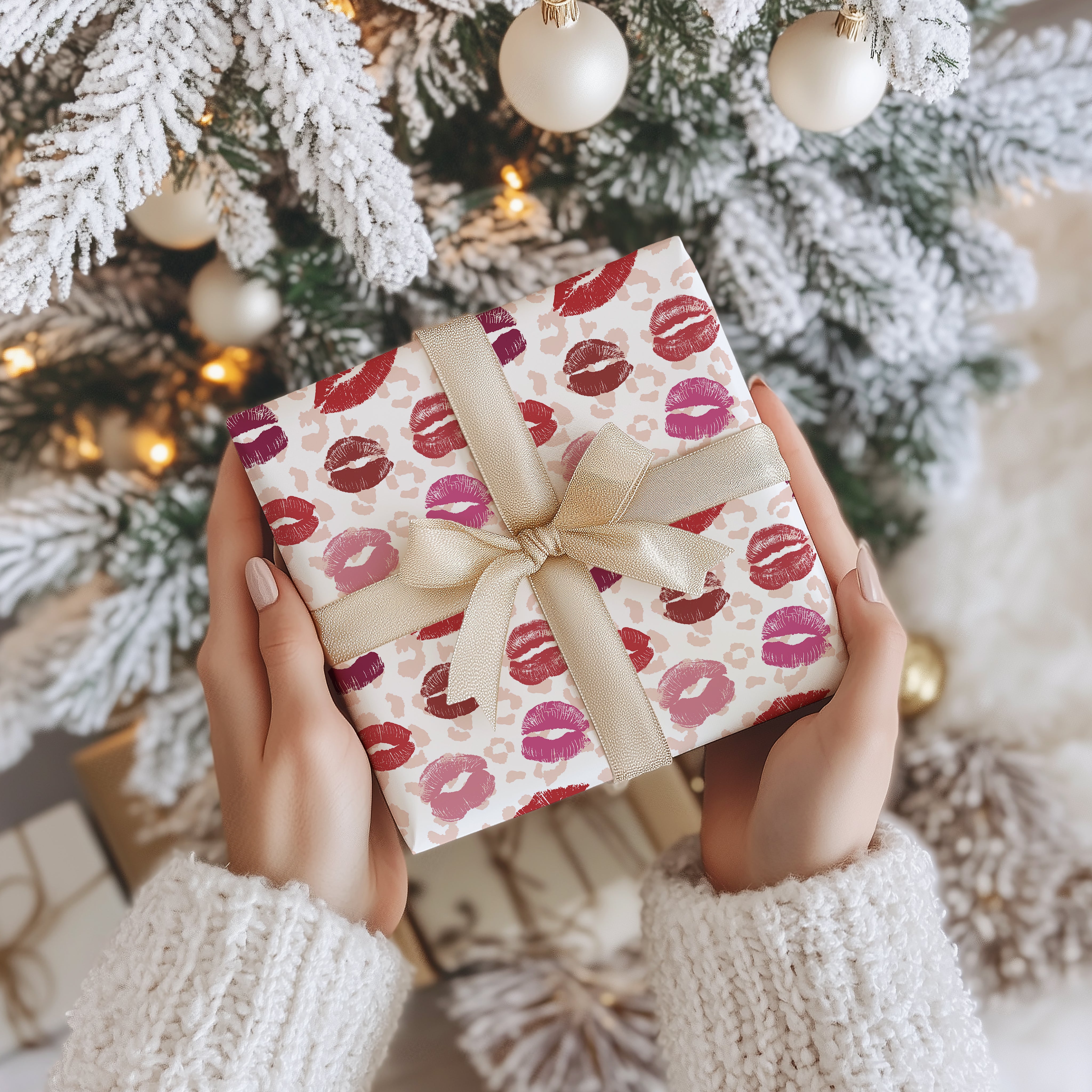 Lipstick Kiss and Leopard Print Wrapping Paper Sheet – Trendy Animal Pattern Gift Wrap for Valentine's Day and Birthdays, Pink and Burgundy