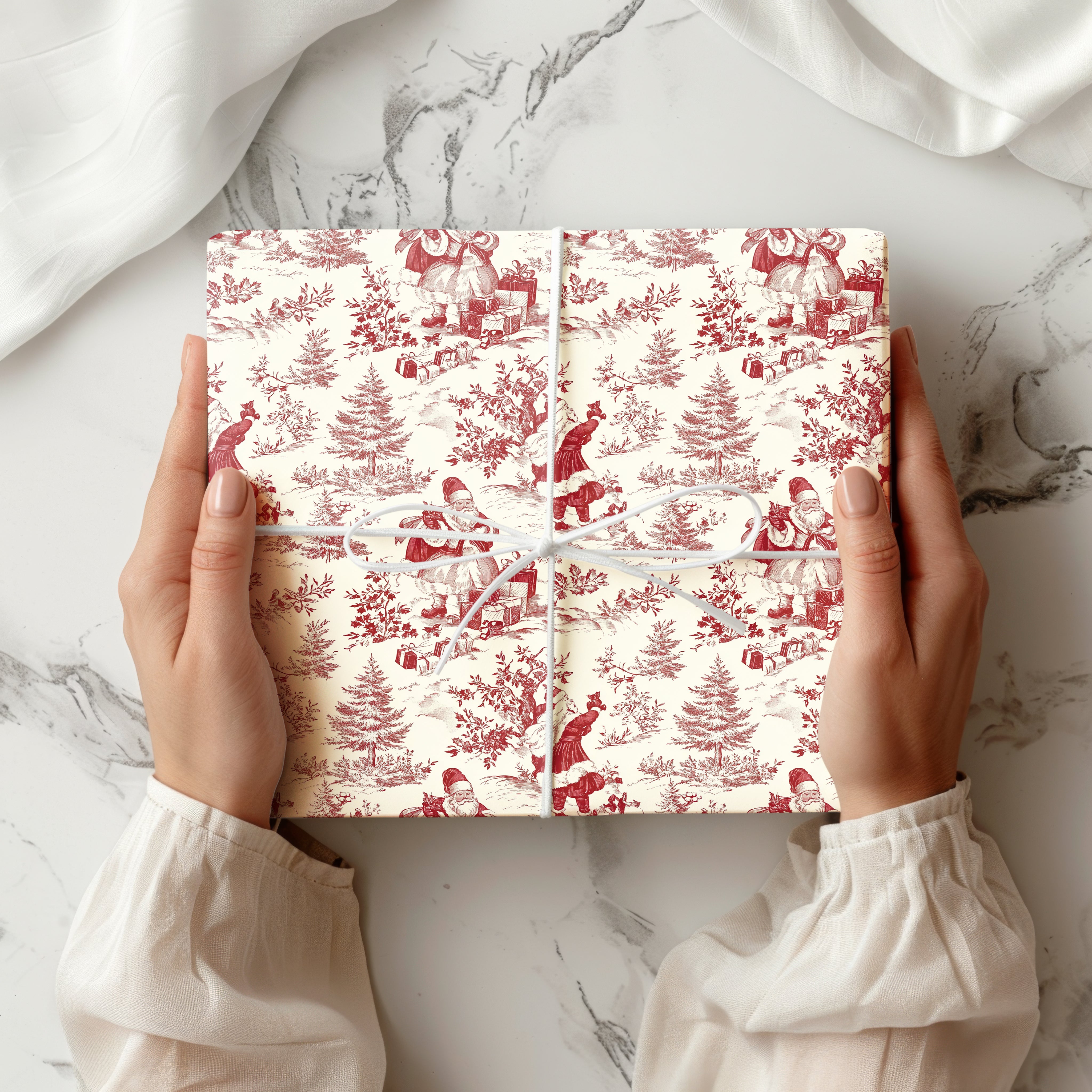 Vintage Toile Santa Wrapping Paper Sheet – Traditional French Toile de Jouy Christmas Pattern Gift Wrap for the Holiday Season, Red and Cream