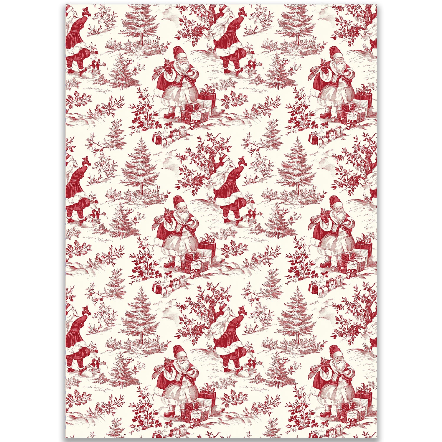 Vintage Toile Santa Wrapping Paper Sheet – Traditional French Toile de Jouy Christmas Pattern Gift Wrap for the Holiday Season, Red and Cream