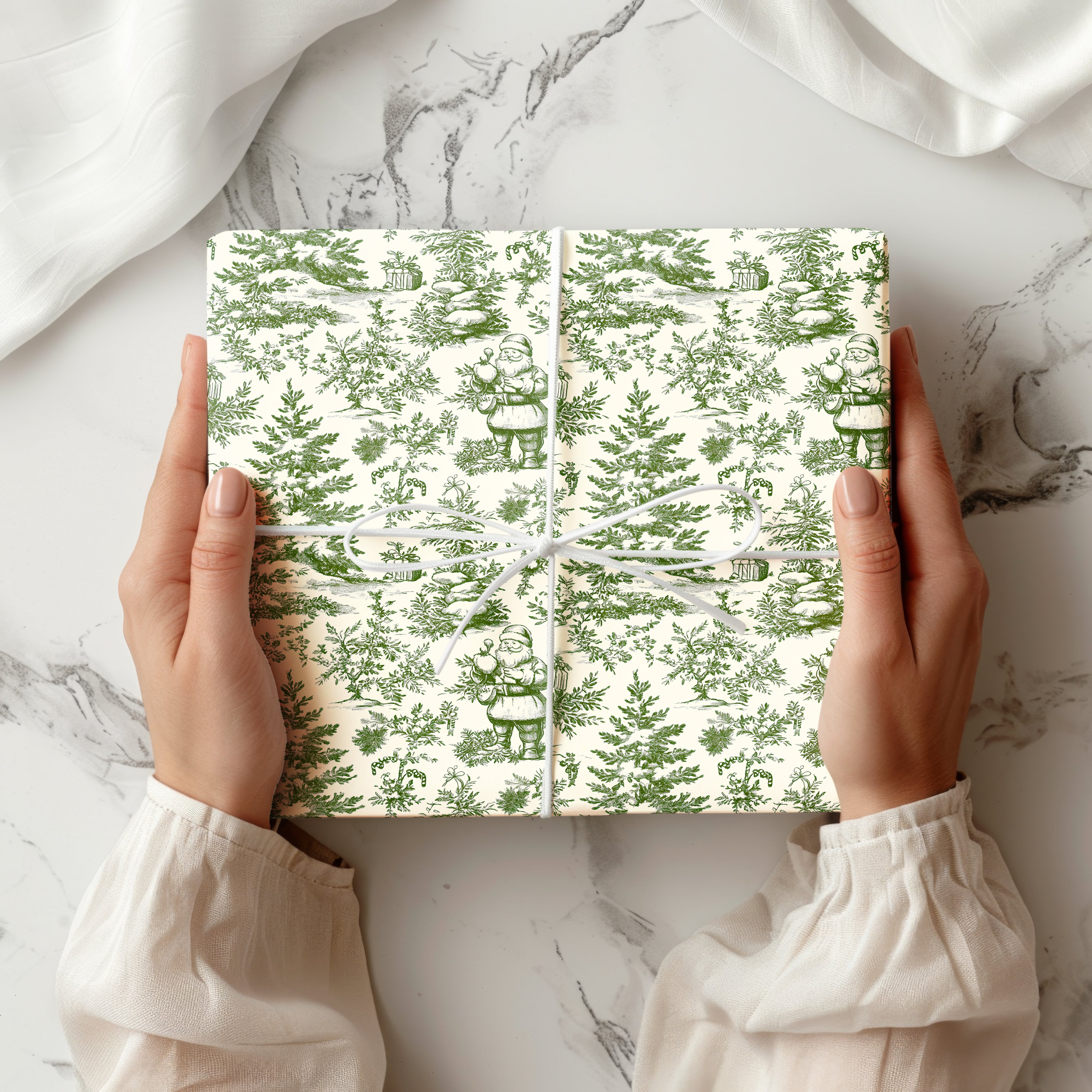 Vintage Toile Santa Wrapping Paper Sheet – Traditional French Toile de Jouy Christmas Pattern Gift Wrap for the Holiday Season, Green and Cream