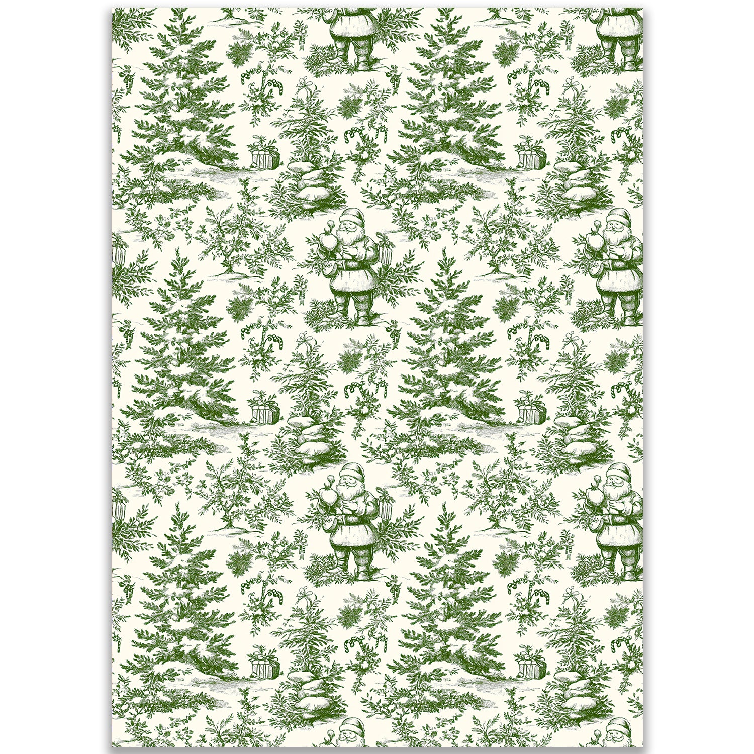 Vintage Toile Santa Wrapping Paper Sheet – Traditional French Toile de Jouy Christmas Pattern Gift Wrap for the Holiday Season, Green and Cream