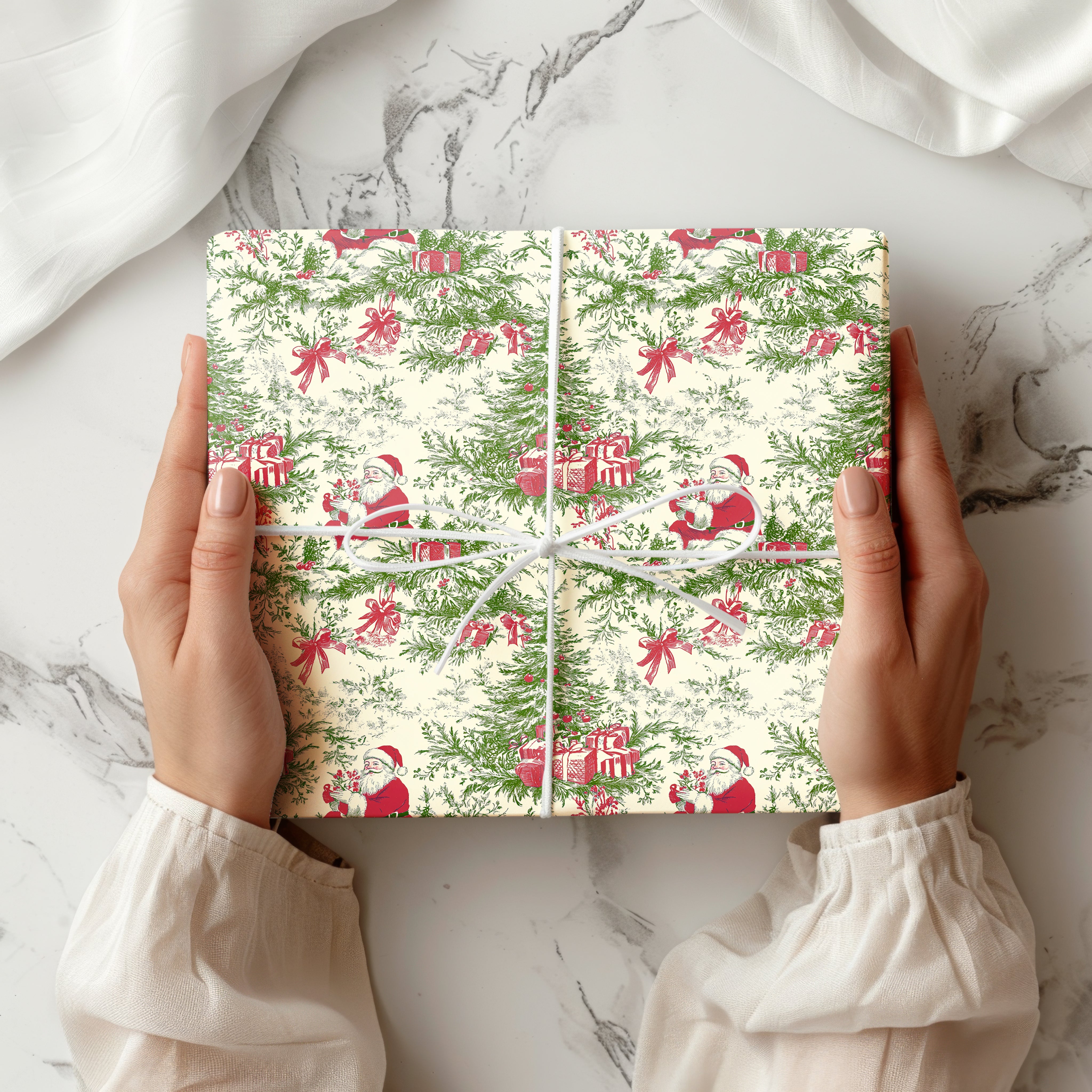 Vintage Toile Santa and Christmas Tree Wrapping Paper Sheet – Traditional French Toile de Jouy Pattern Gift Wrap for Holiday Season, Green and Red