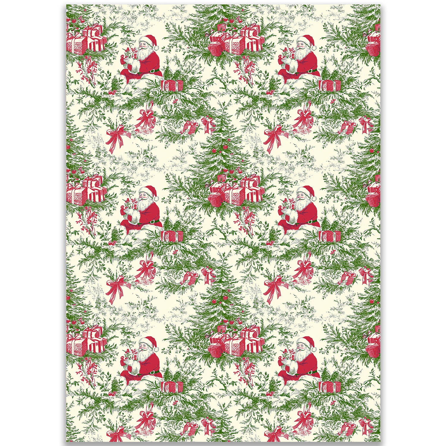 Vintage Toile Santa and Christmas Tree Wrapping Paper Sheet – Traditional French Toile de Jouy Pattern Gift Wrap for Holiday Season, Green and Red