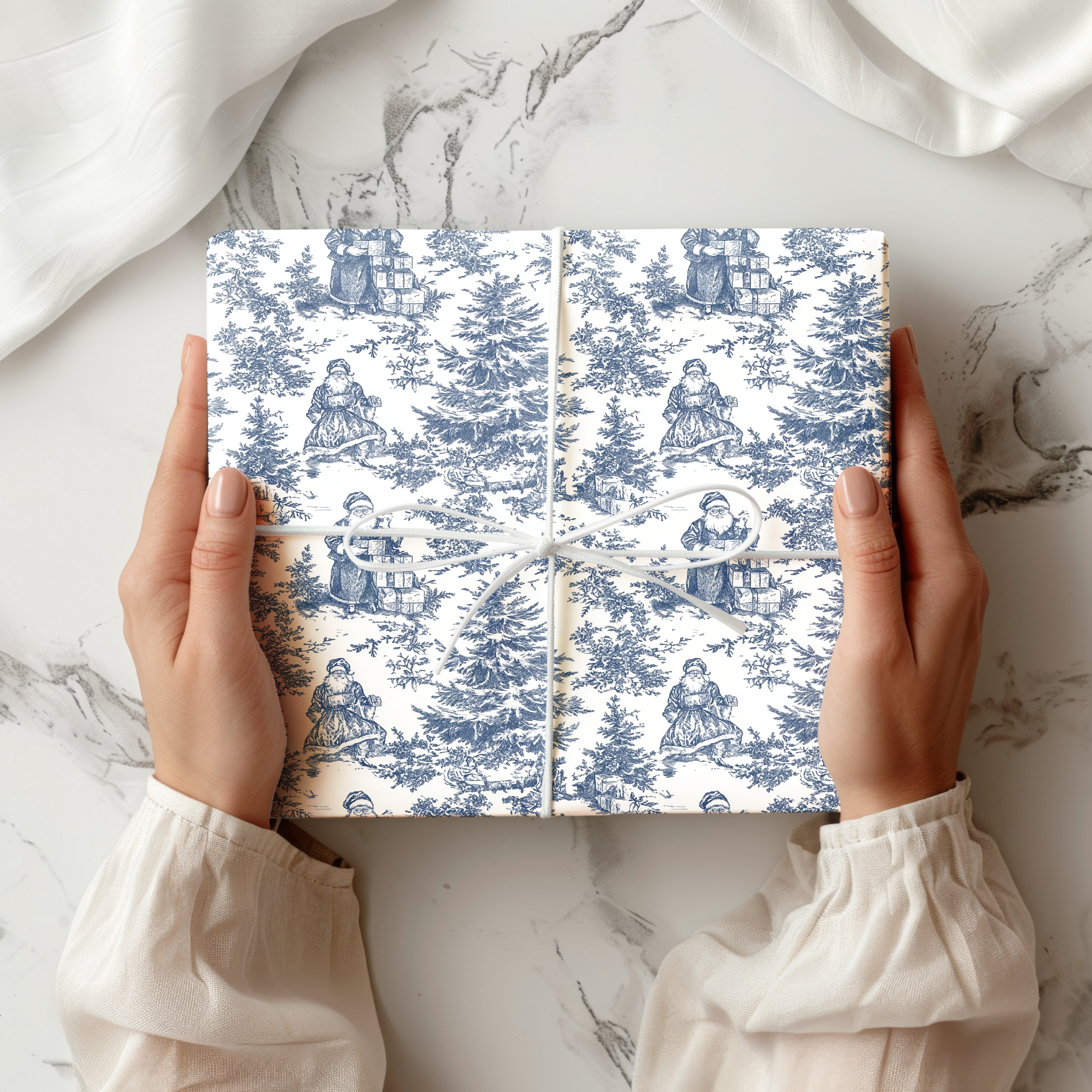 Vintage Toile Santa Wrapping Paper Sheet – Traditional French Toile de Jouy Christmas Pattern Gift Wrap for Holiday Season, Blue and White