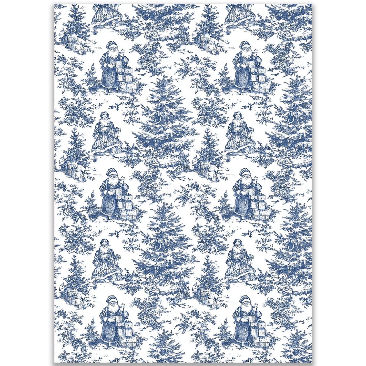 Vintage Toile Santa Wrapping Paper Sheet – Traditional French Toile de Jouy Christmas Pattern Gift Wrap for Holiday Season, Blue and White