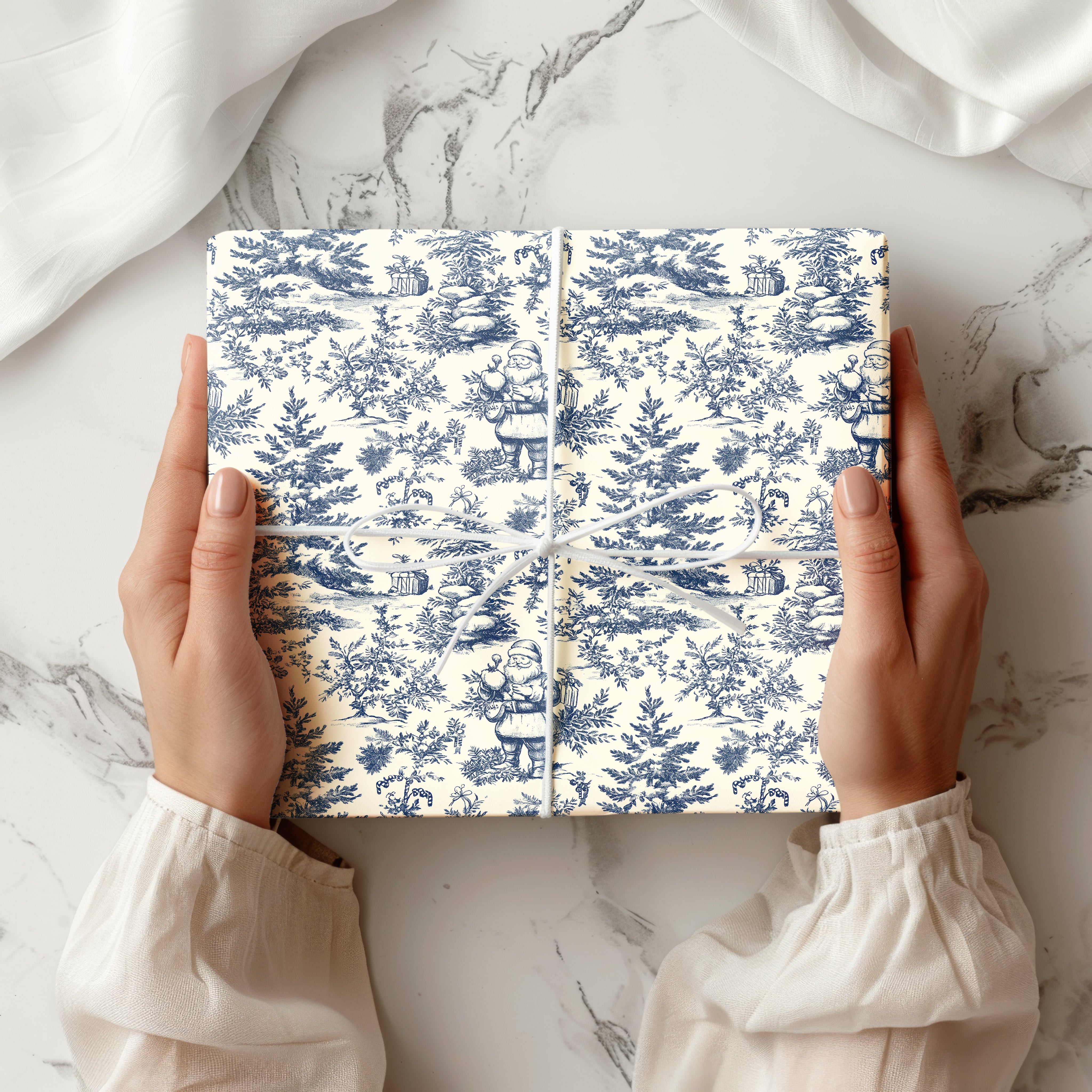 Vintage Toile Santa and Forest Wrapping Paper Sheet – Traditional French Toile de Jouy Christmas Pattern Gift Wrap for Holiday Season, Blue and Cream