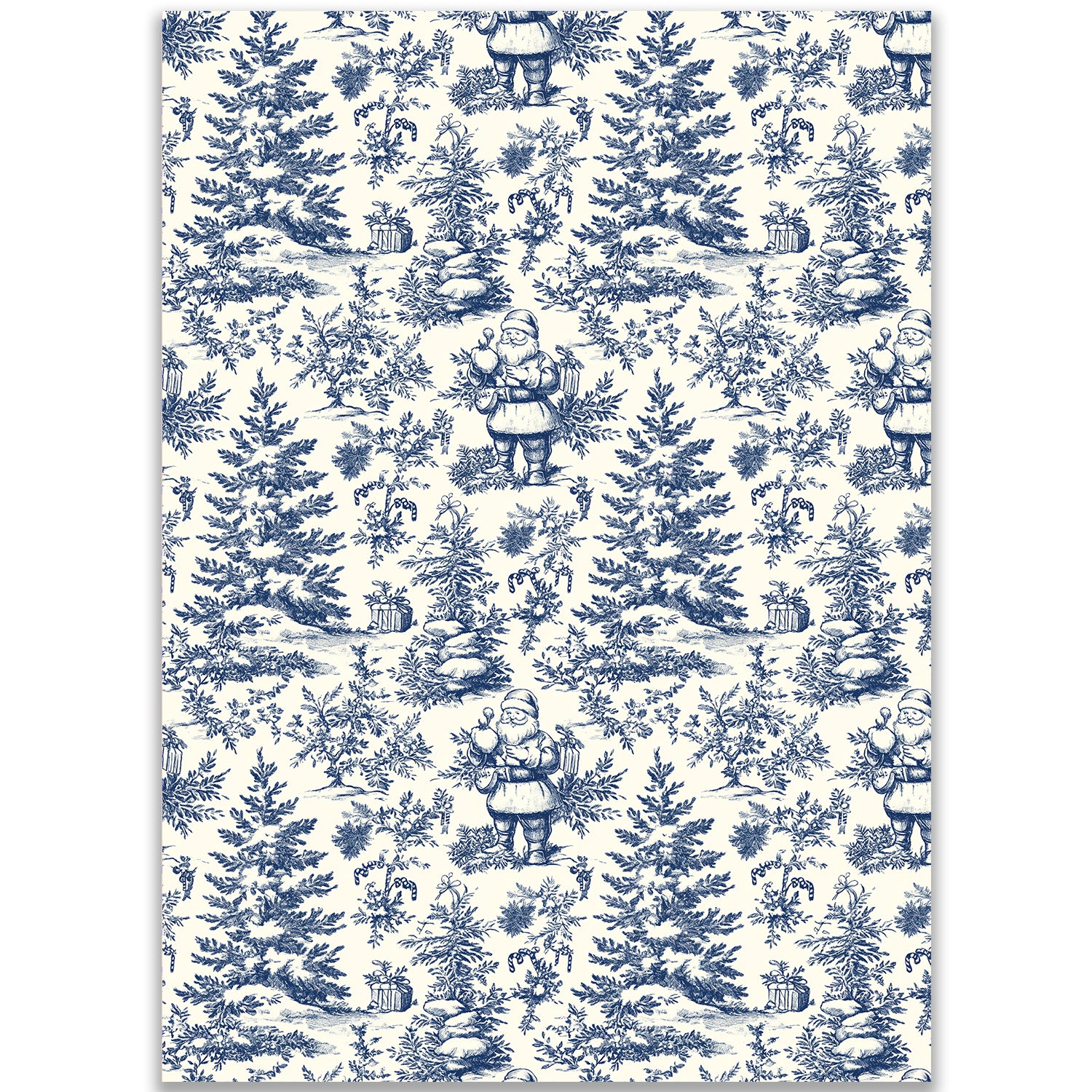 Vintage Toile Santa and Forest Wrapping Paper Sheet – Traditional French Toile de Jouy Christmas Pattern Gift Wrap for Holiday Season, Blue and Cream