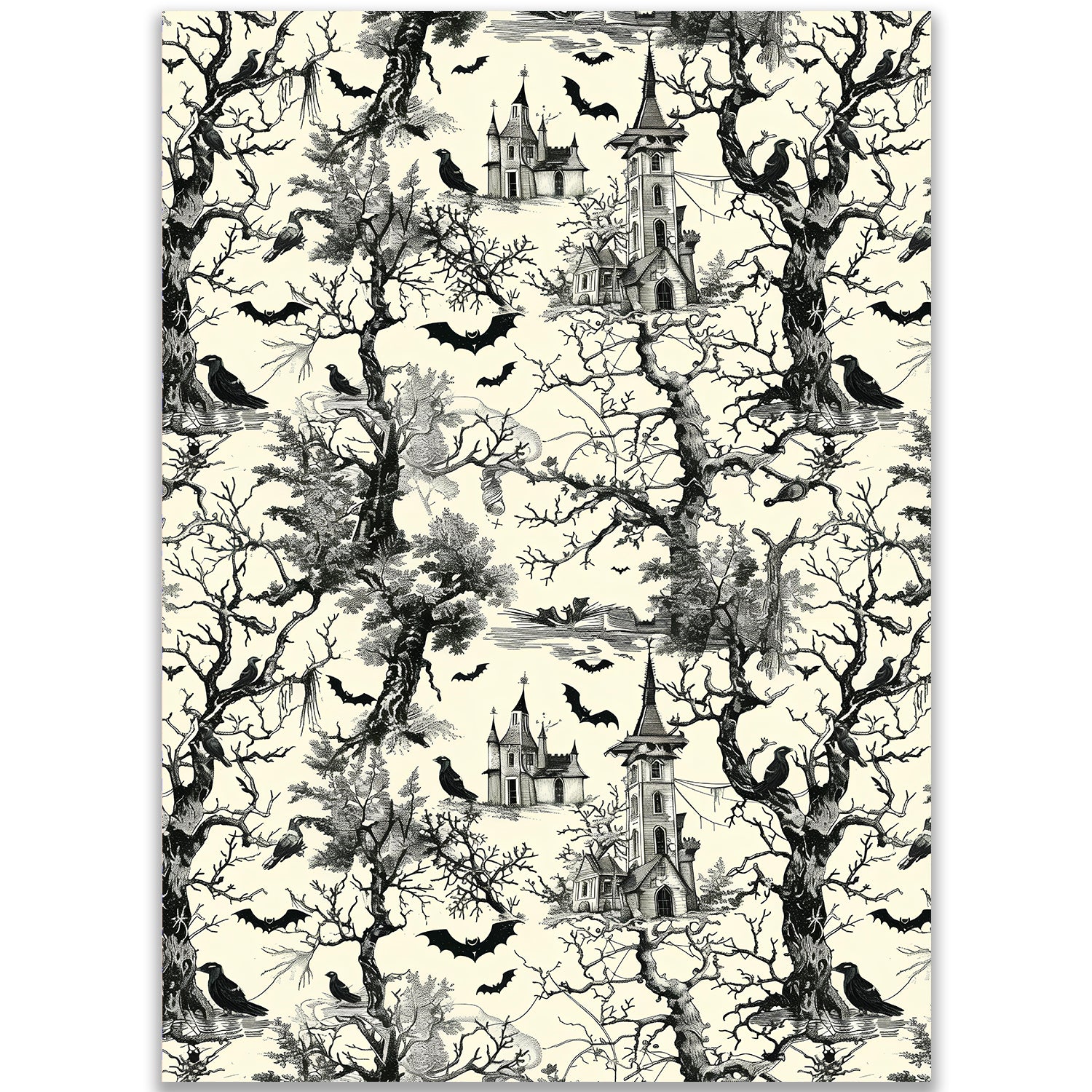 Gothic Toile Haunted Castle Wrapping Paper Sheet – Vintage Spooky Halloween Pattern Gift Wrap for Gothic and Autumn Celebrations, Black and Cream