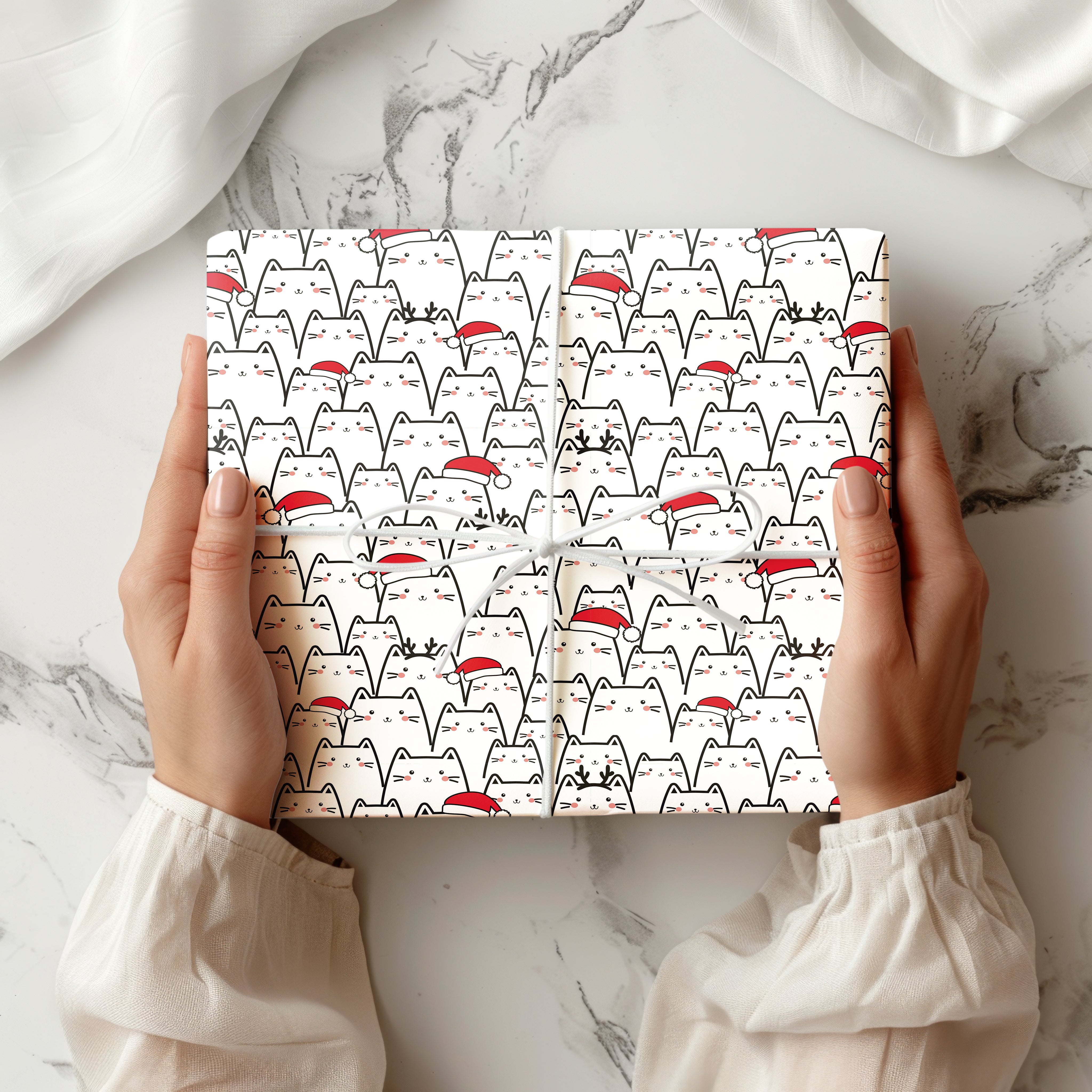 Christmas Cats Wrapping Paper Sheet – Cute Santa Hat Kitten Pattern Gift Wrap for Holiday Season and Cat Lovers, Red and White