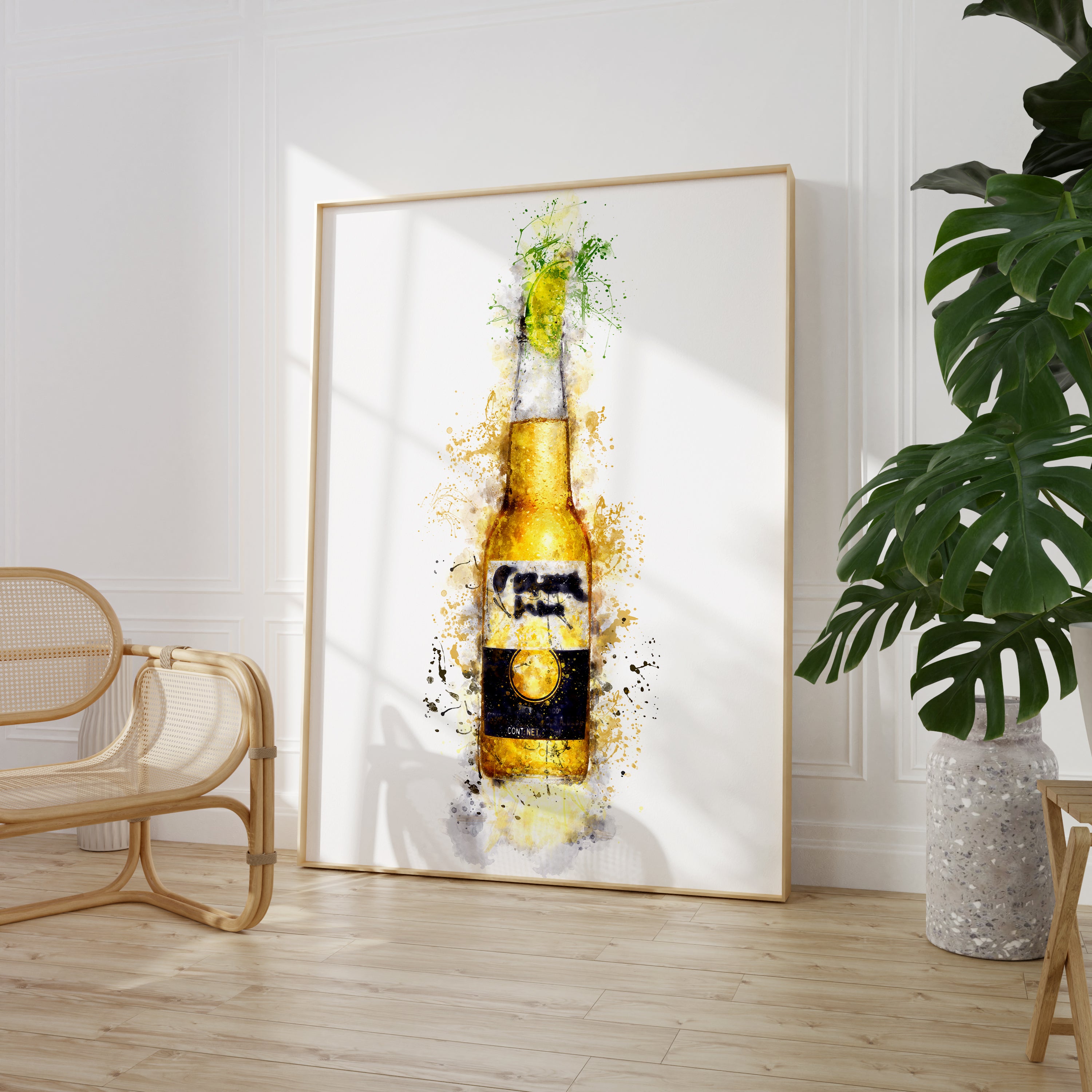 Watercolour Beer Bottle & Lime Paint Splash Print