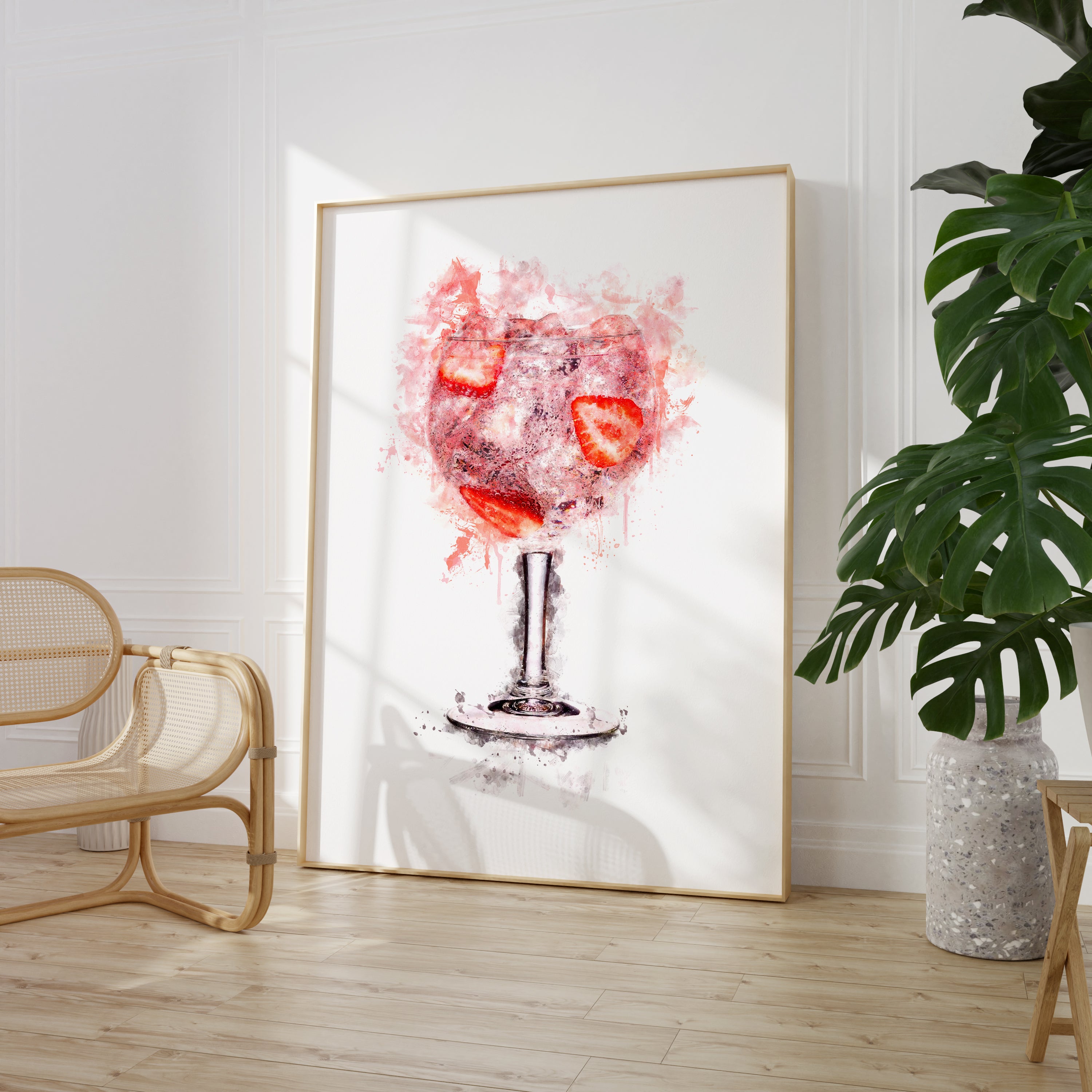 Watercolour Pink Gin Glass & Strawberries Paint Splash Print