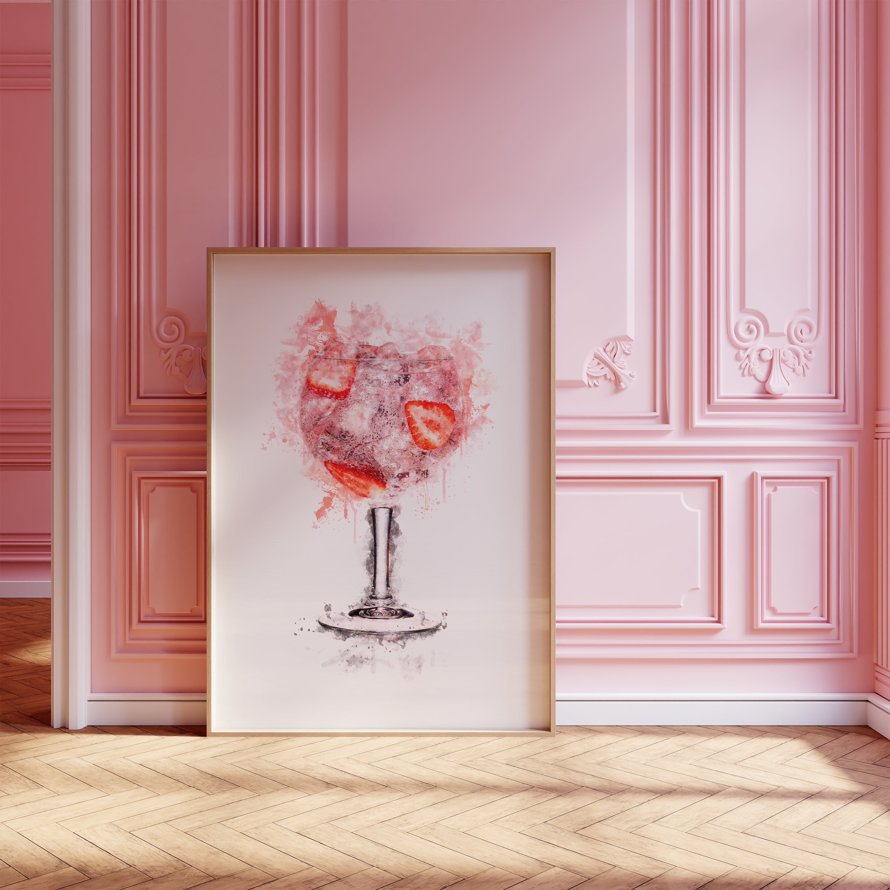 Watercolour Pink Gin Glass & Strawberries Paint Splash Print