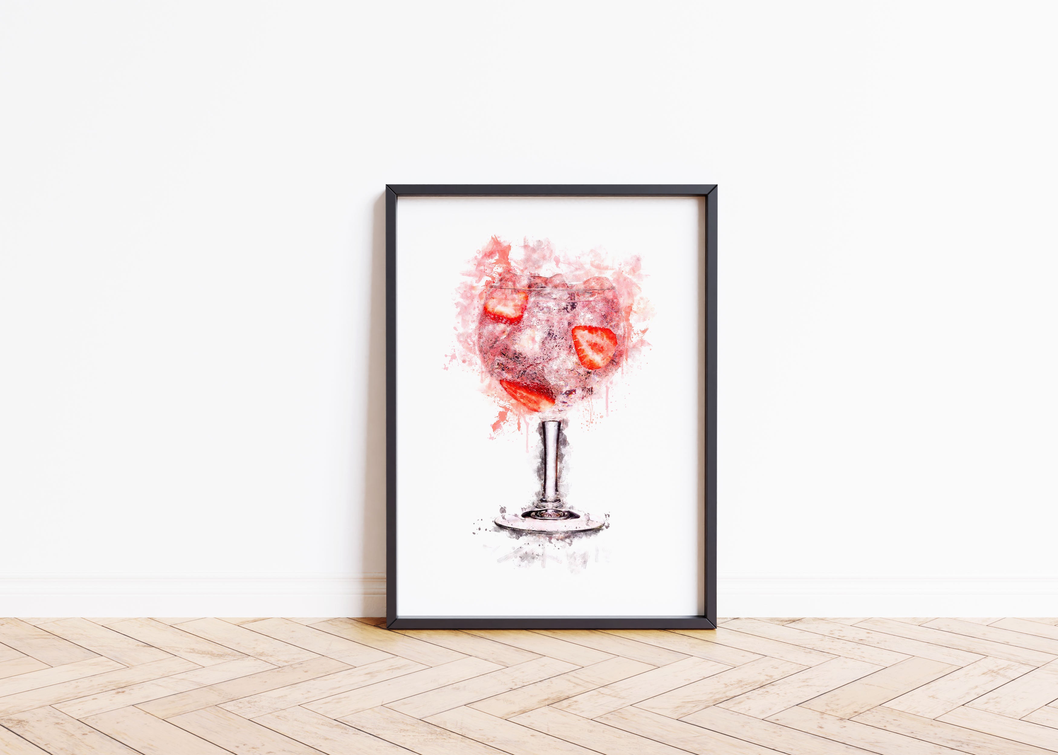 Watercolour Pink Gin Glass & Strawberries Paint Splash Print