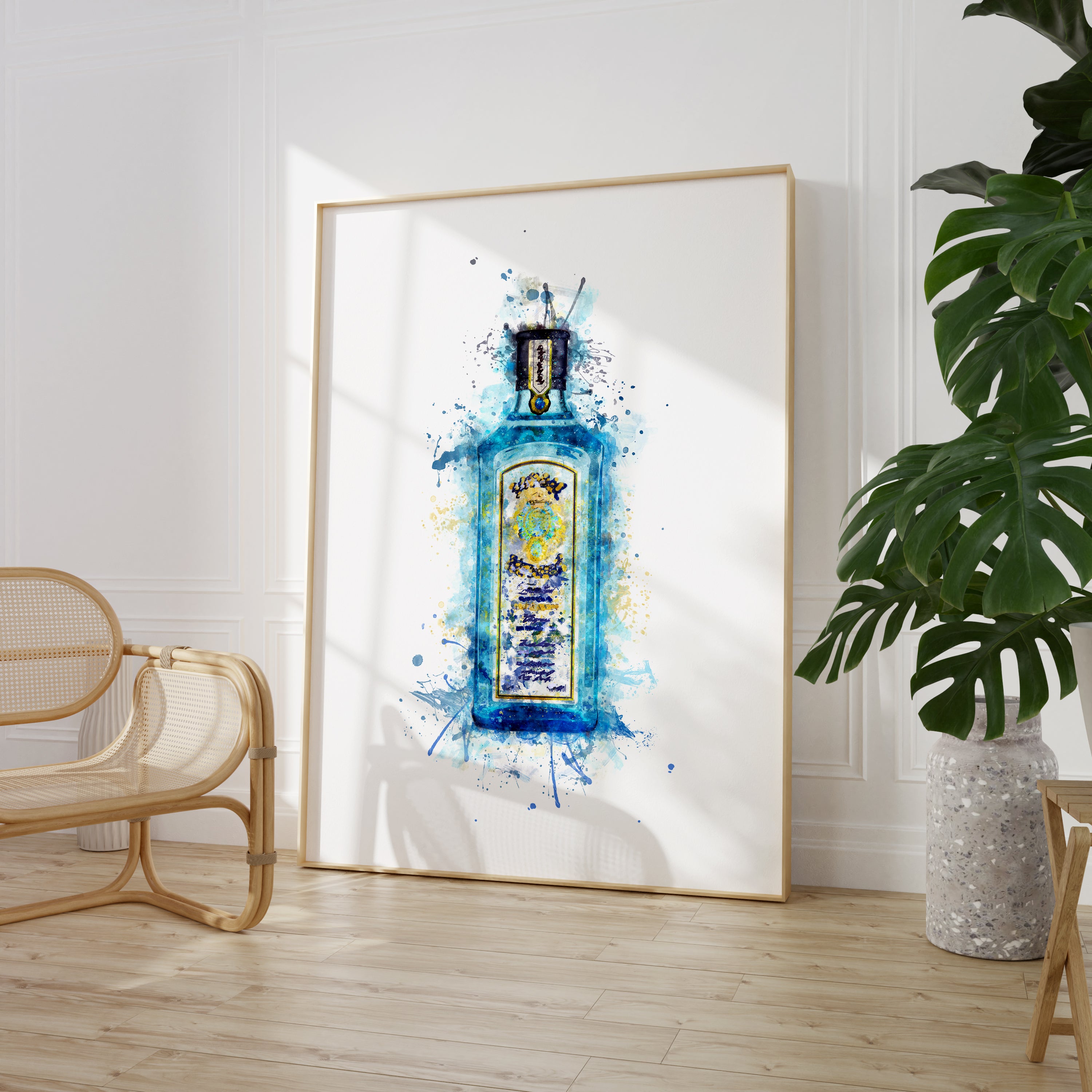 Watercolour Blue Gin Bottle Paint Splash Print