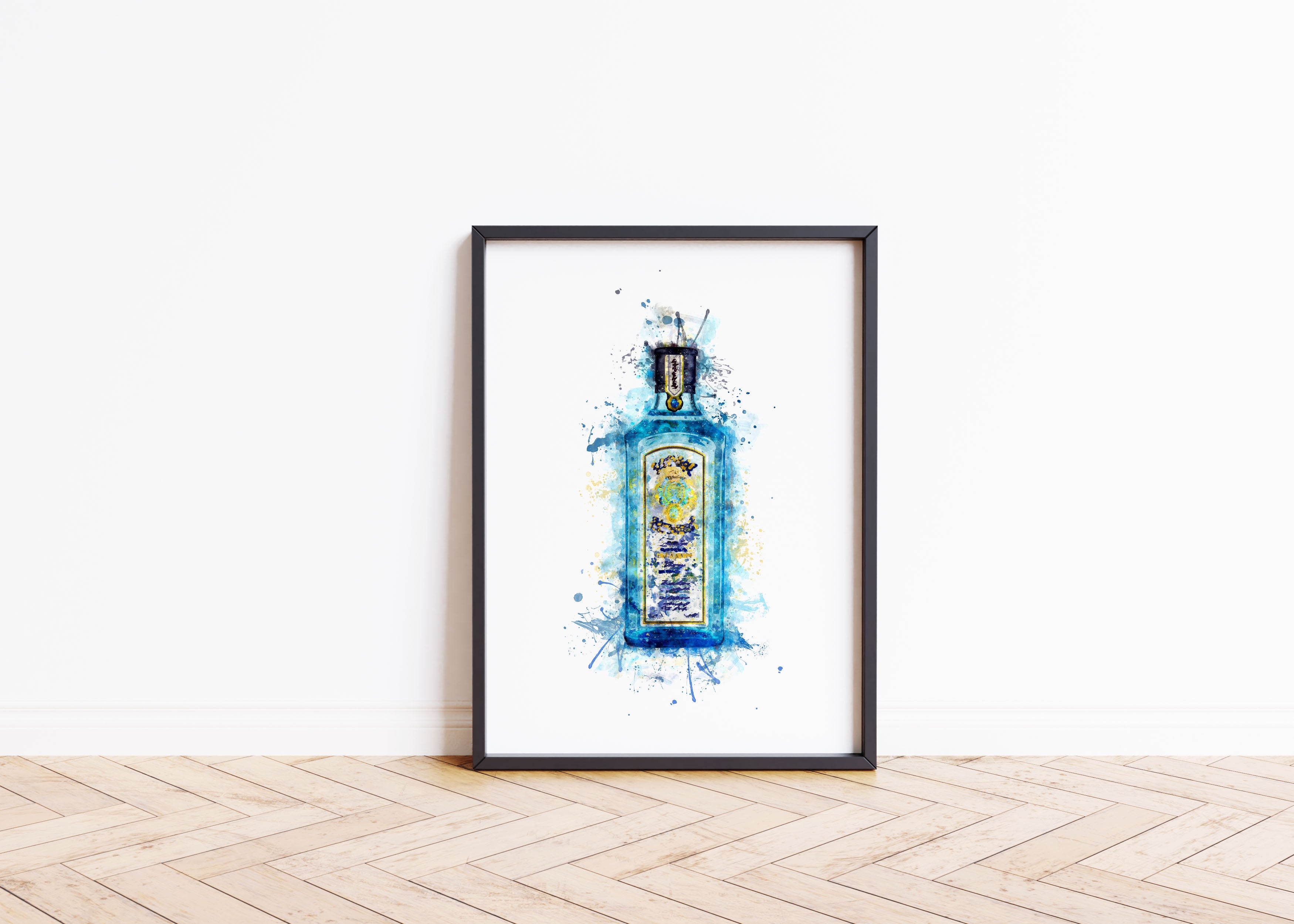 Watercolour Blue Gin Bottle Paint Splash Print