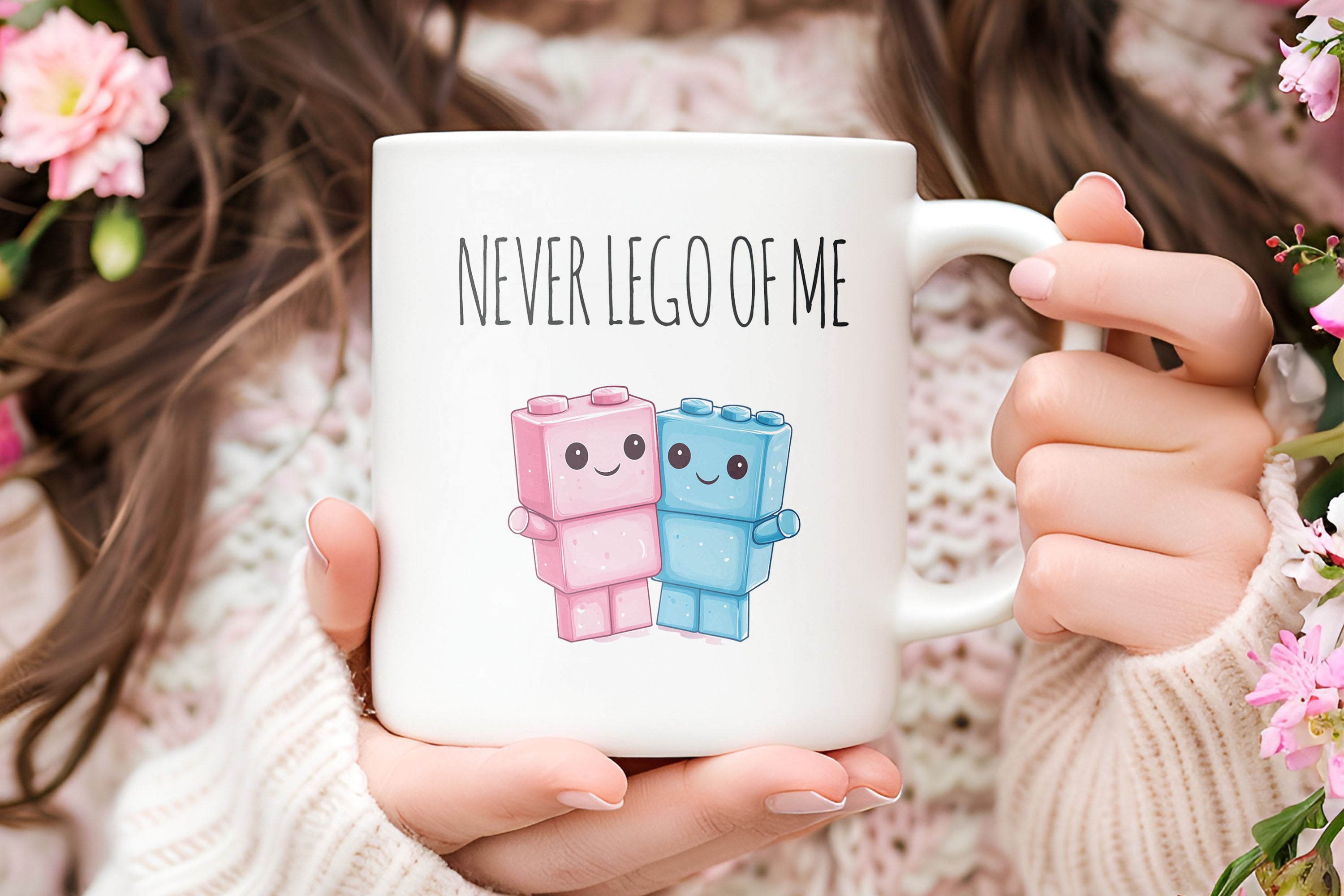 Funny Couples Mug – Brick Characters – Cute Pink & Blue Brick Hug Design – Perfect Anniversary or Valentine's Gift