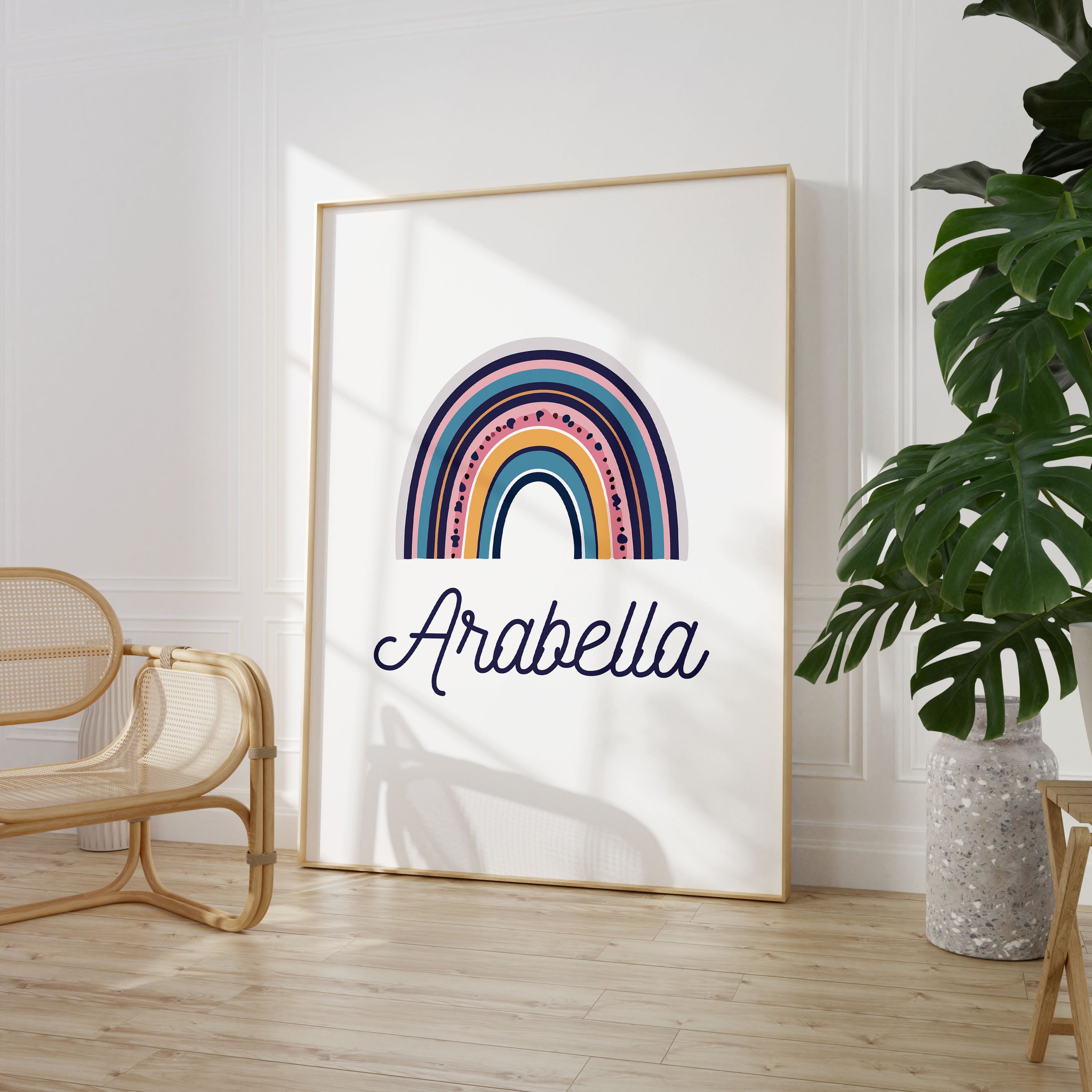 Set of 3 Navy Boho Personalised Name with Rainbow, Ice Creams & Quote Prints