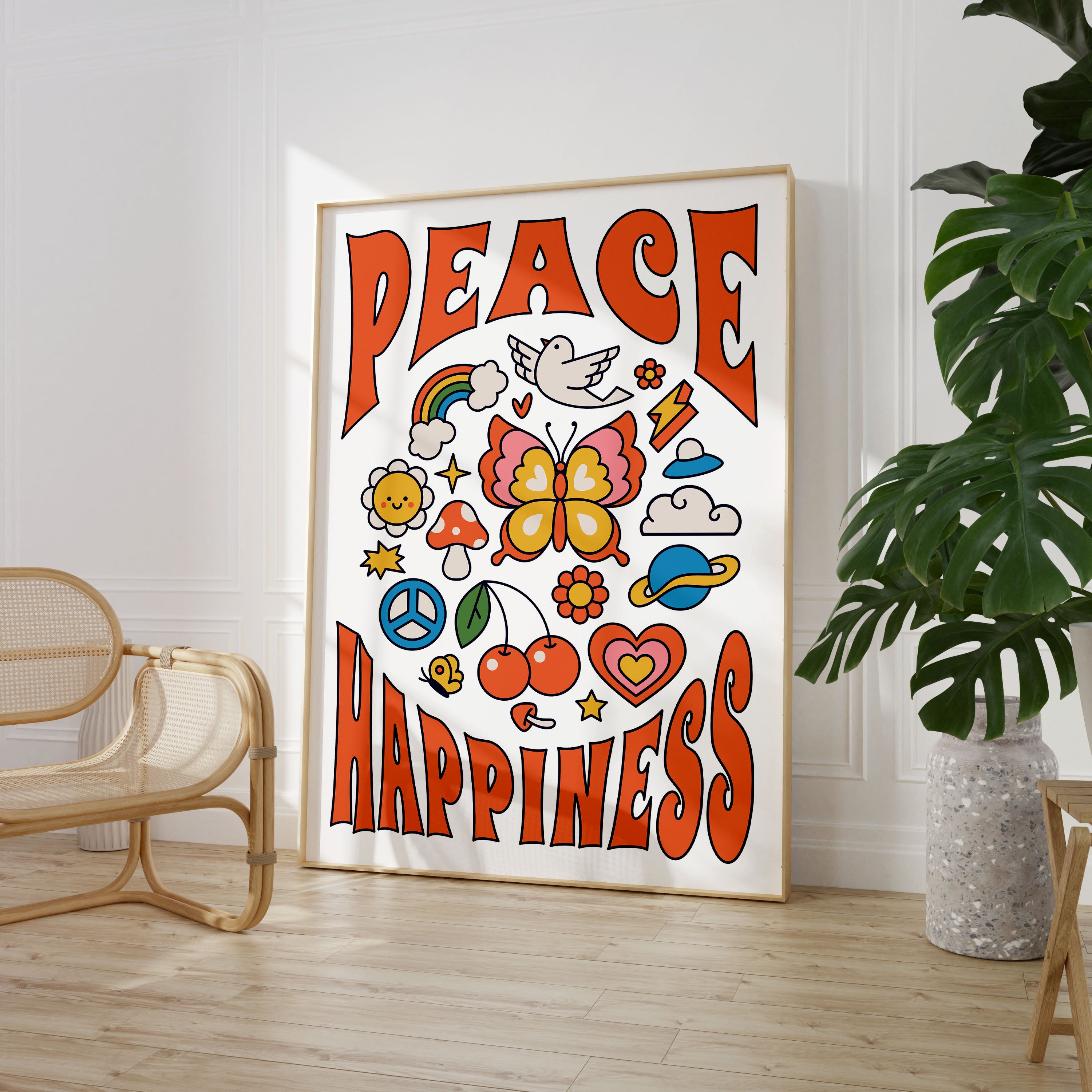 Retro Peace & Happiness Print White