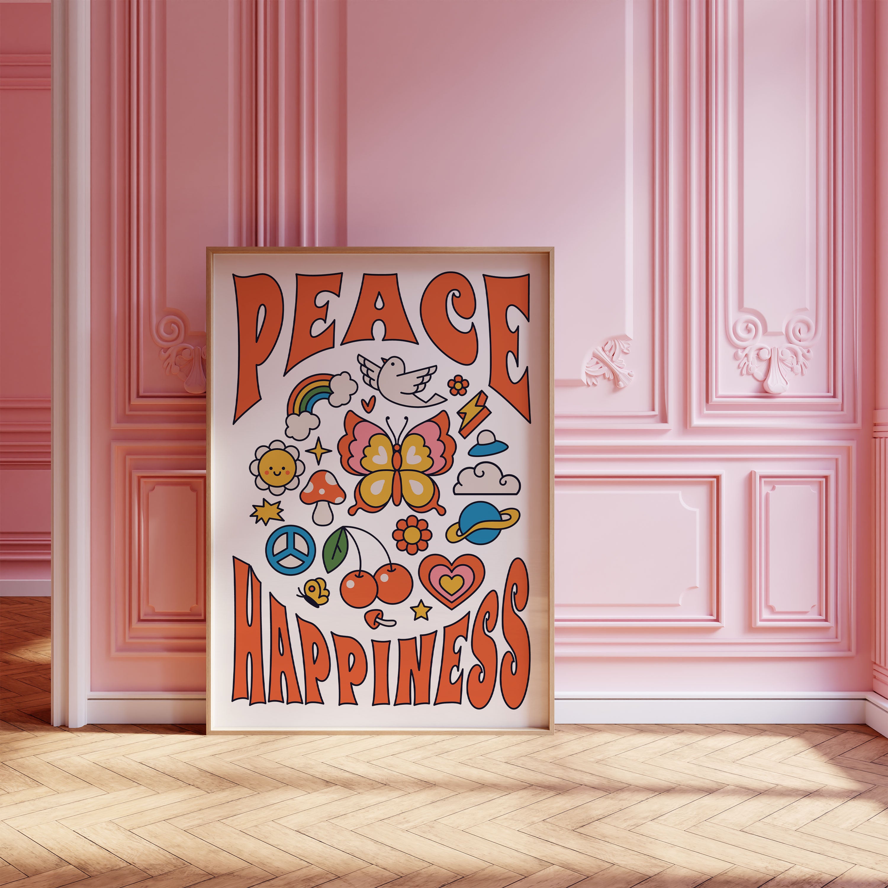 Retro Peace & Happiness Print White