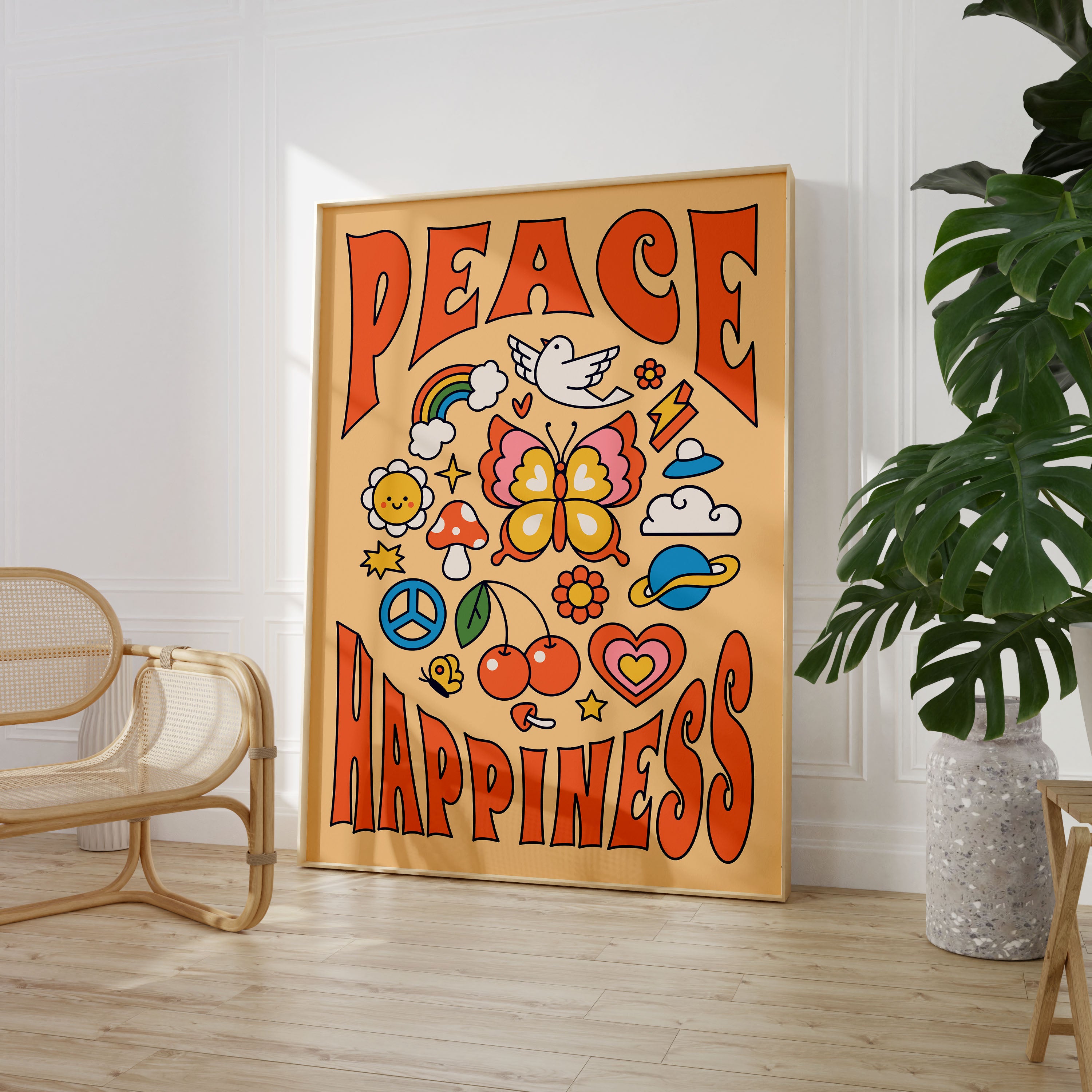 Retro Peace & Happiness Print Yellow