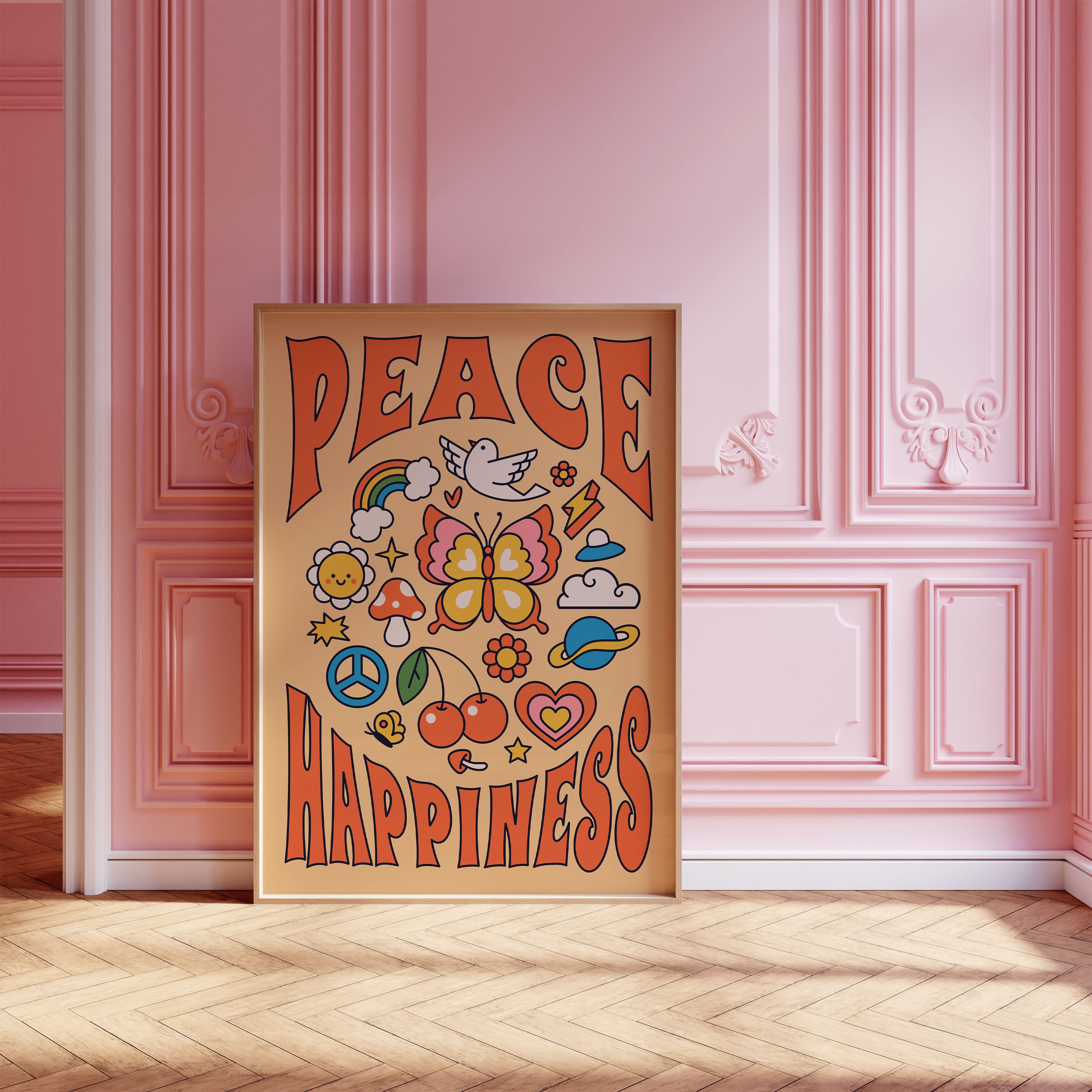 Retro Peace & Happiness Print Yellow