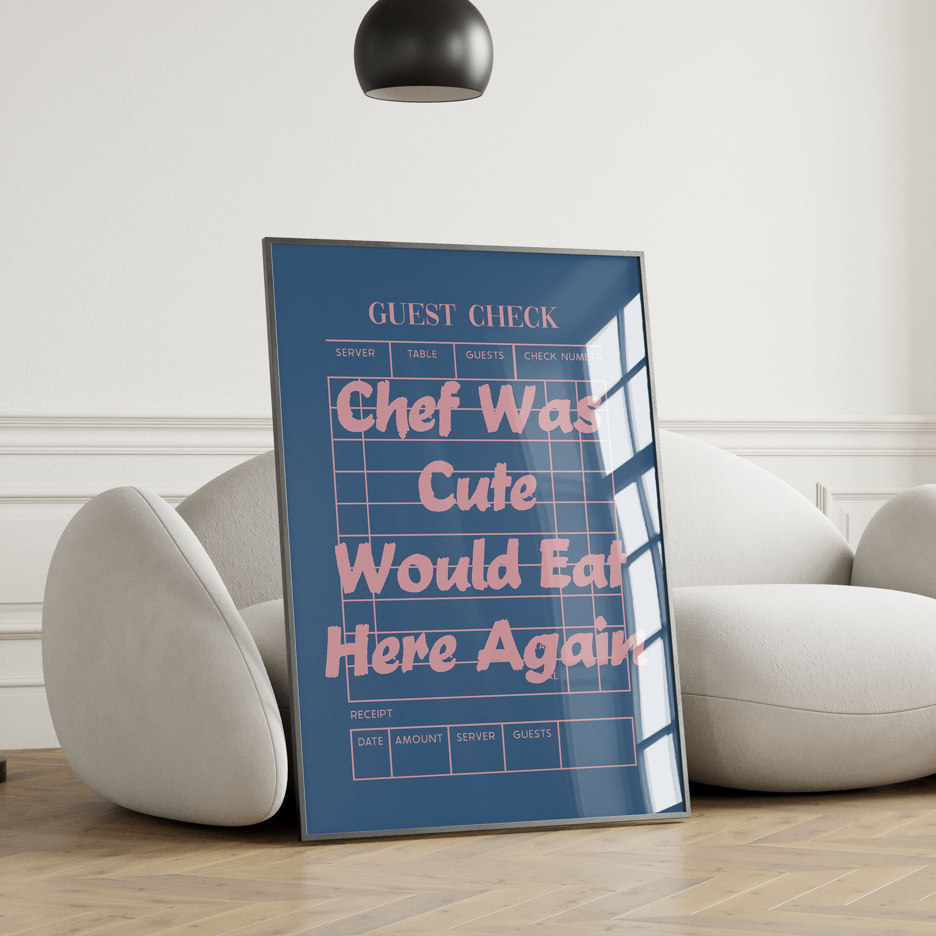 Chef Was Cute Print Guest Check Would Eat Here Again Review Poster Denim Pink