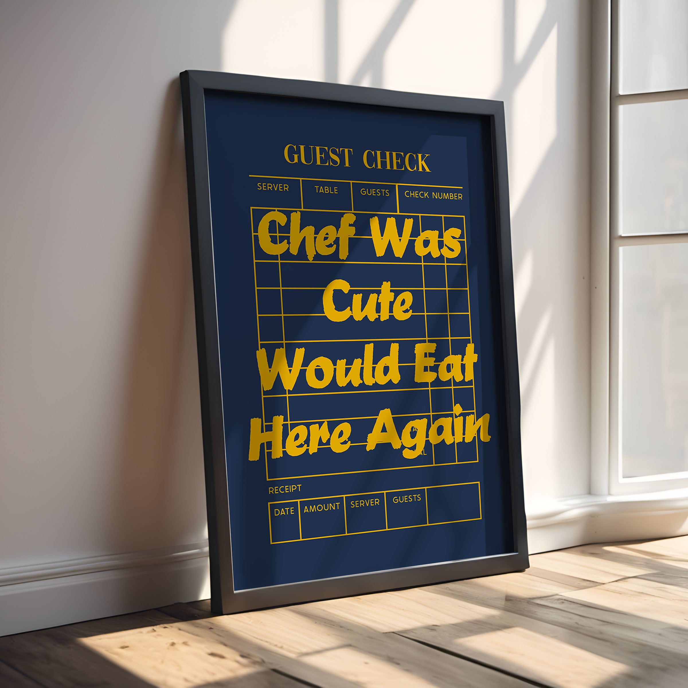 Chef Was Cute Print Guest Check Would Eat Here Again Review Poster Navy Mustard