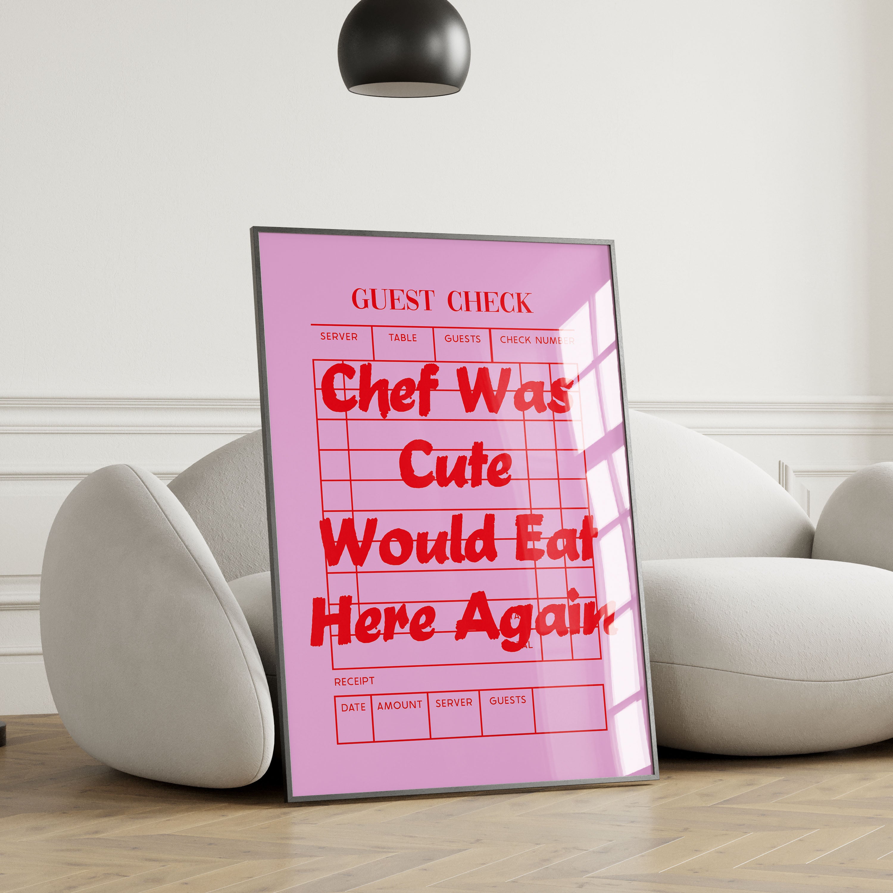 Chef Was Cute Print Guest Check Would Eat Here Again Review Poster Pink Red