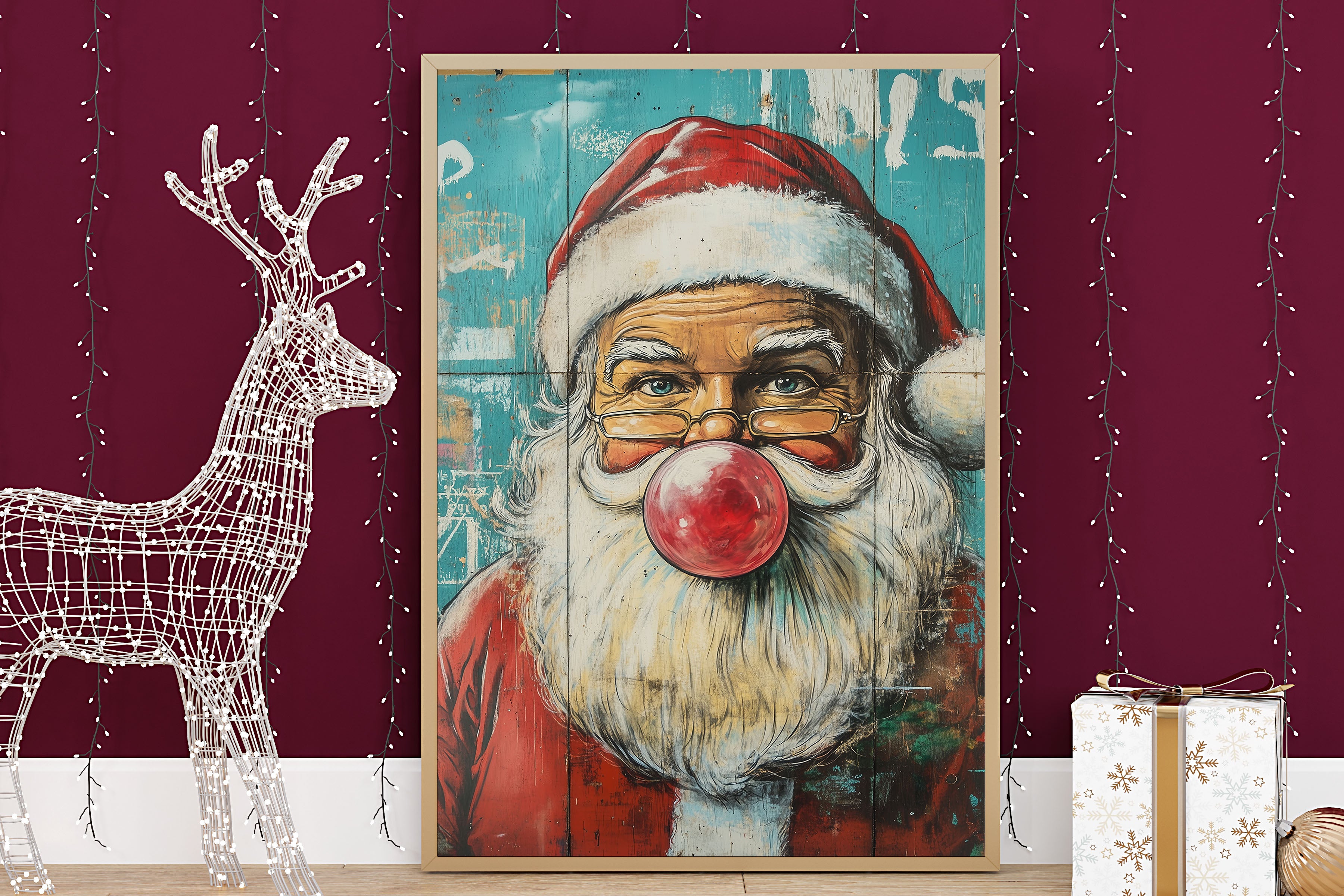 Santa Bubblegum Wall Print Poster Art Retro Vintage Portrait Cartoon Style Christmas Print