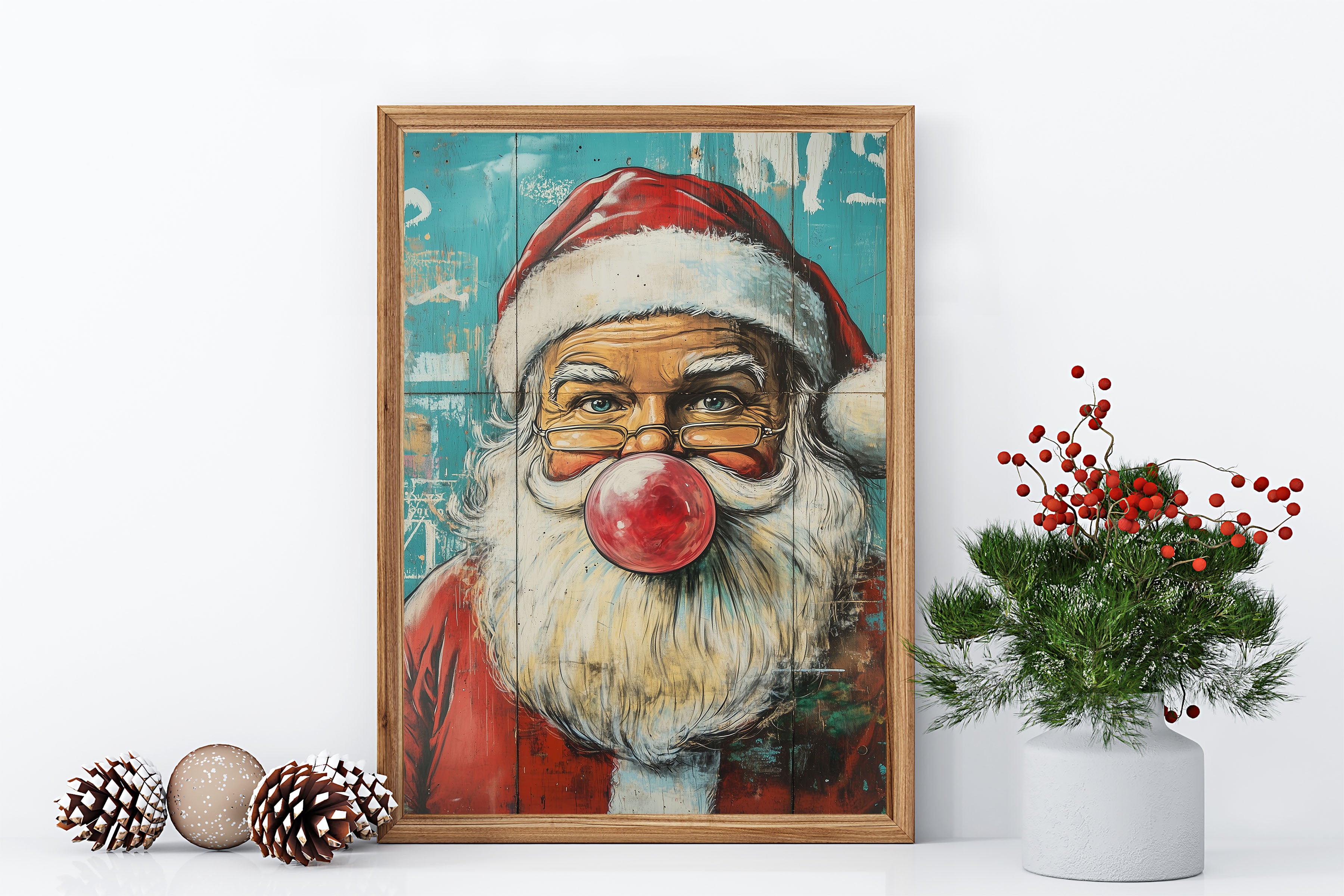 Santa Bubblegum Wall Print Poster Art Retro Vintage Portrait Cartoon Style Christmas Print