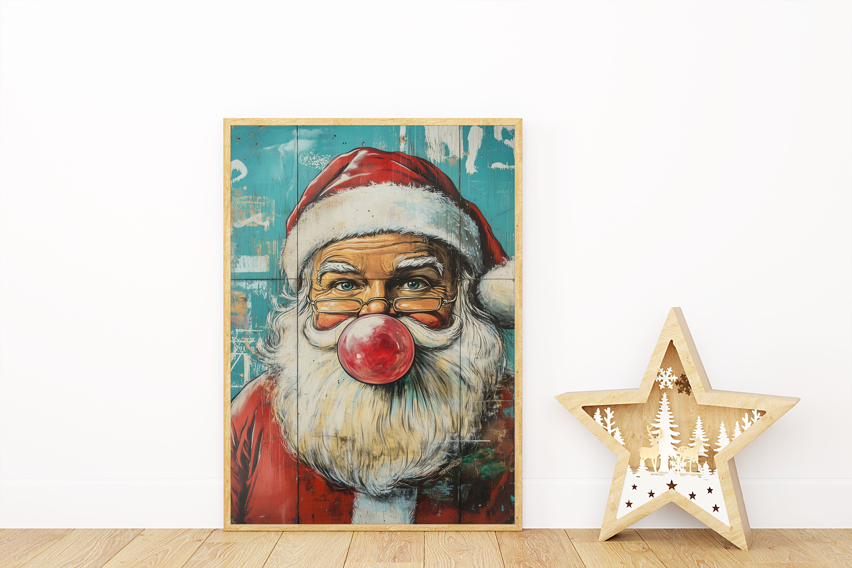 Santa Bubblegum Wall Print Poster Art Retro Vintage Portrait Cartoon Style Christmas Print