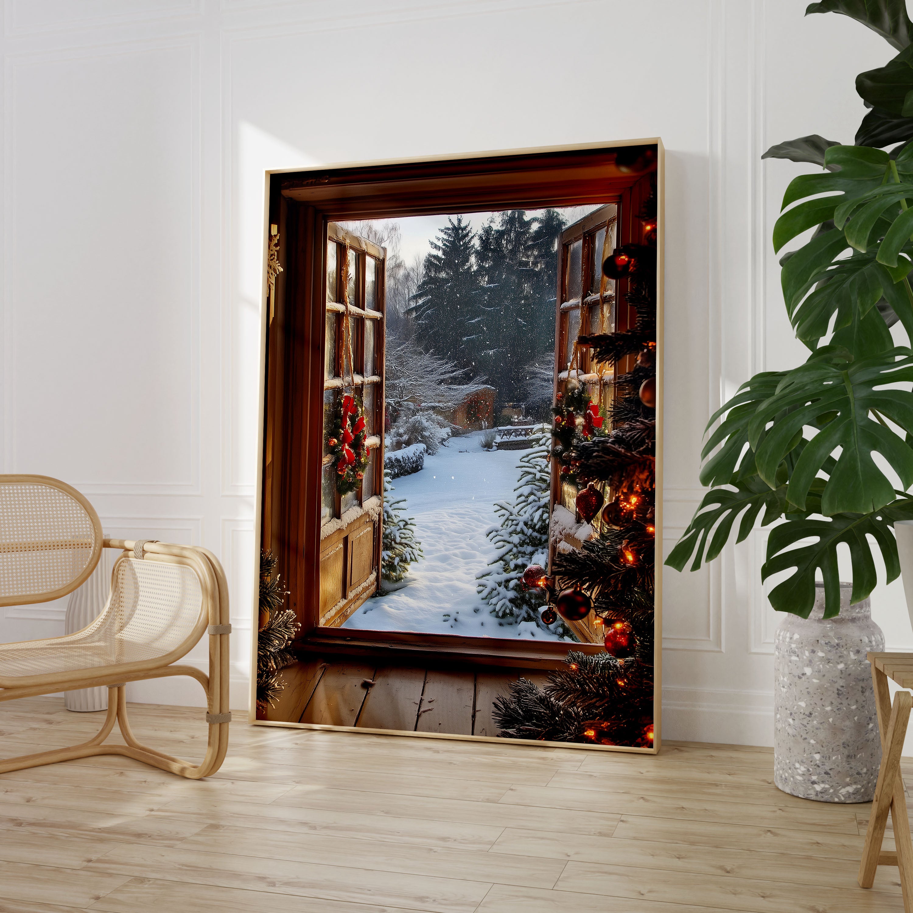 Open Window Christmas Scene Wall Print Poster Art Christmas Print Snowy Garden Scene