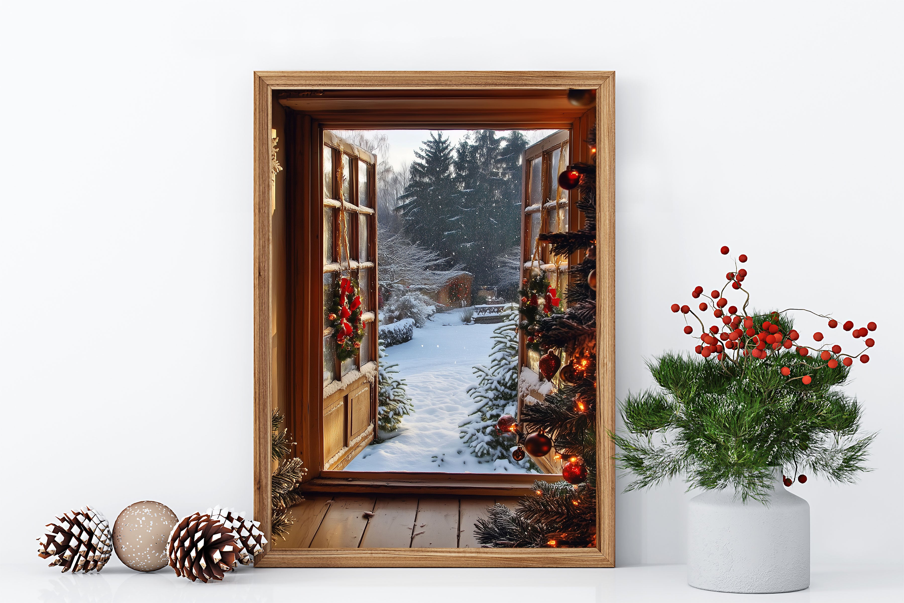 Open Window Christmas Scene Wall Print Poster Art Christmas Print Snowy Garden Scene