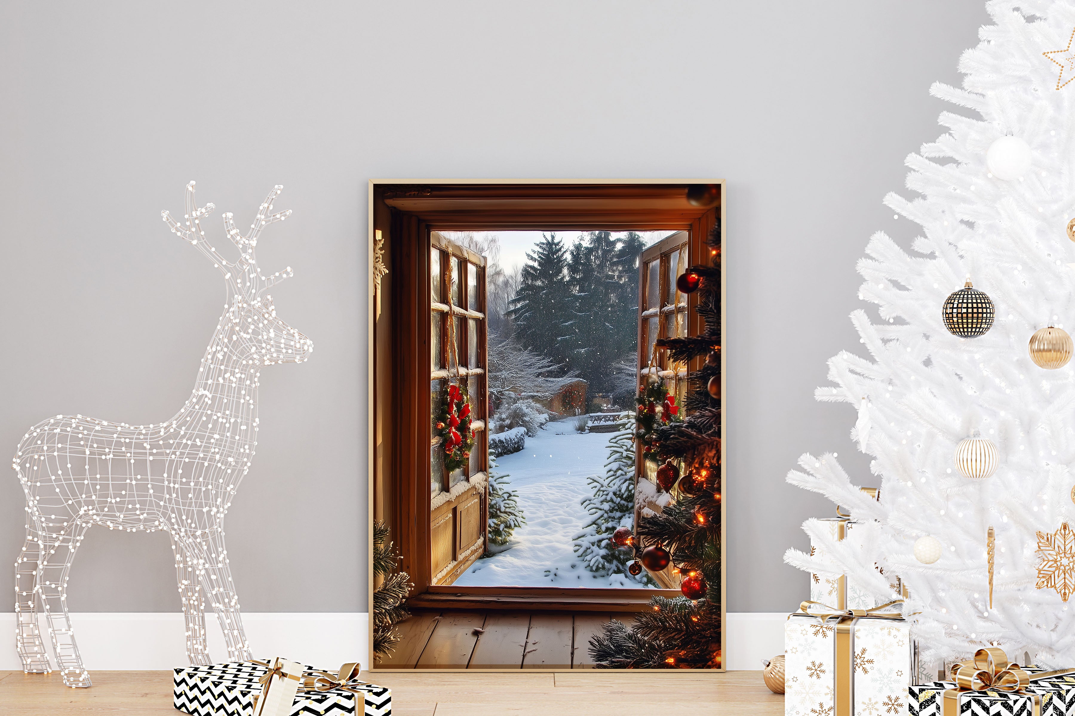 Open Window Christmas Scene Wall Print Poster Art Christmas Print Snowy Garden Scene