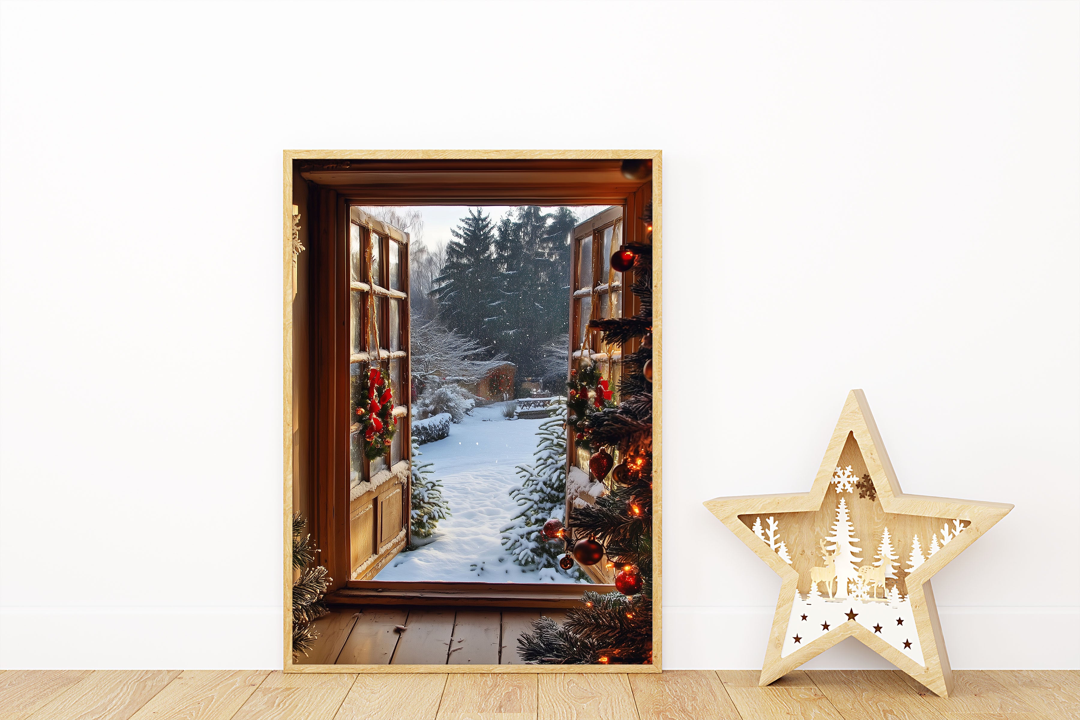 Open Window Christmas Scene Wall Print Poster Art Christmas Print Snowy Garden Scene