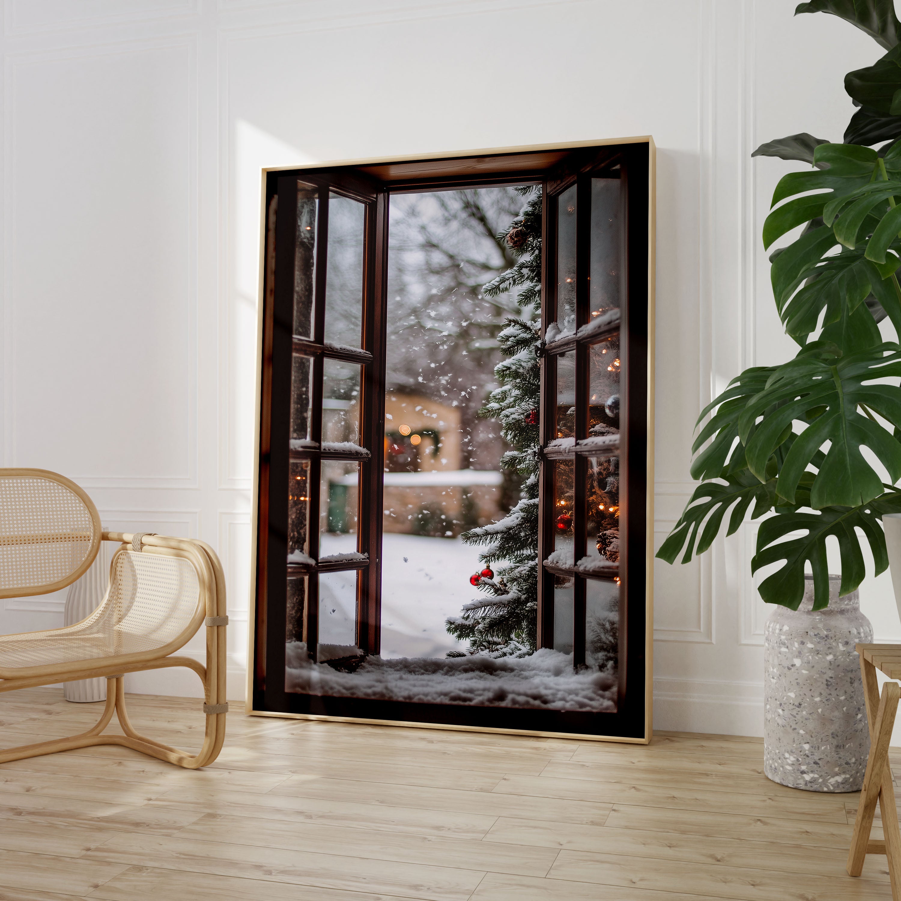 Open Window Christmas Scene Wall Print Poster Art Christmas Print Snowfall