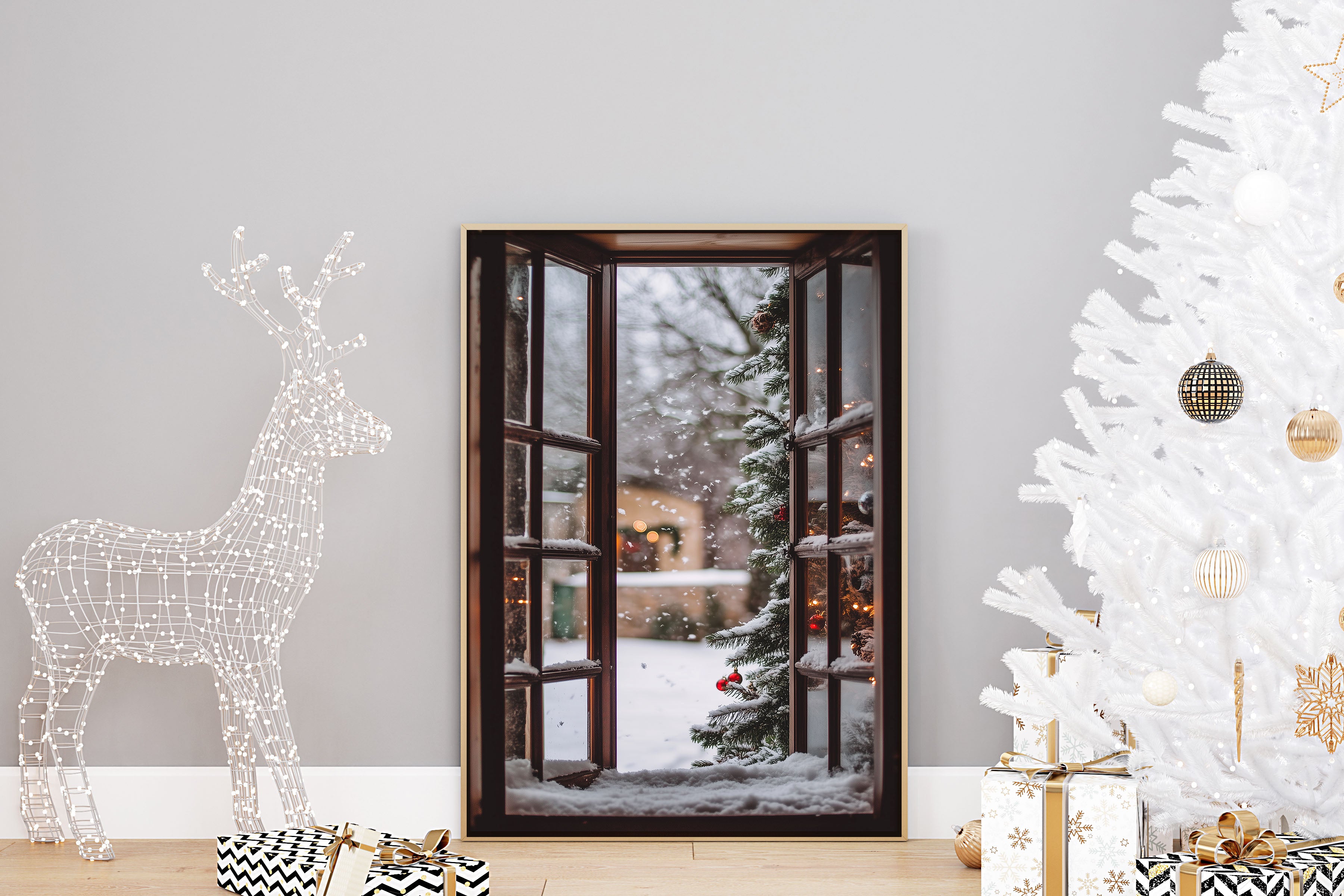 Open Window Christmas Scene Wall Print Poster Art Christmas Print Snowfall