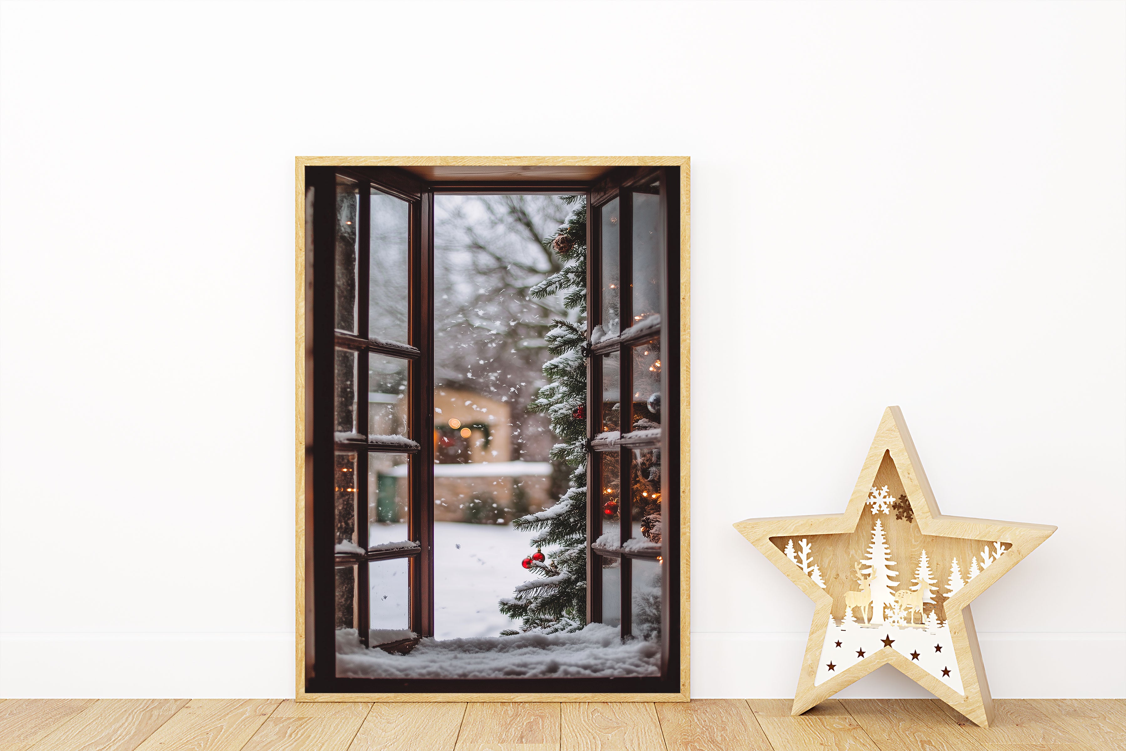 Open Window Christmas Scene Wall Print Poster Art Christmas Print Snowfall