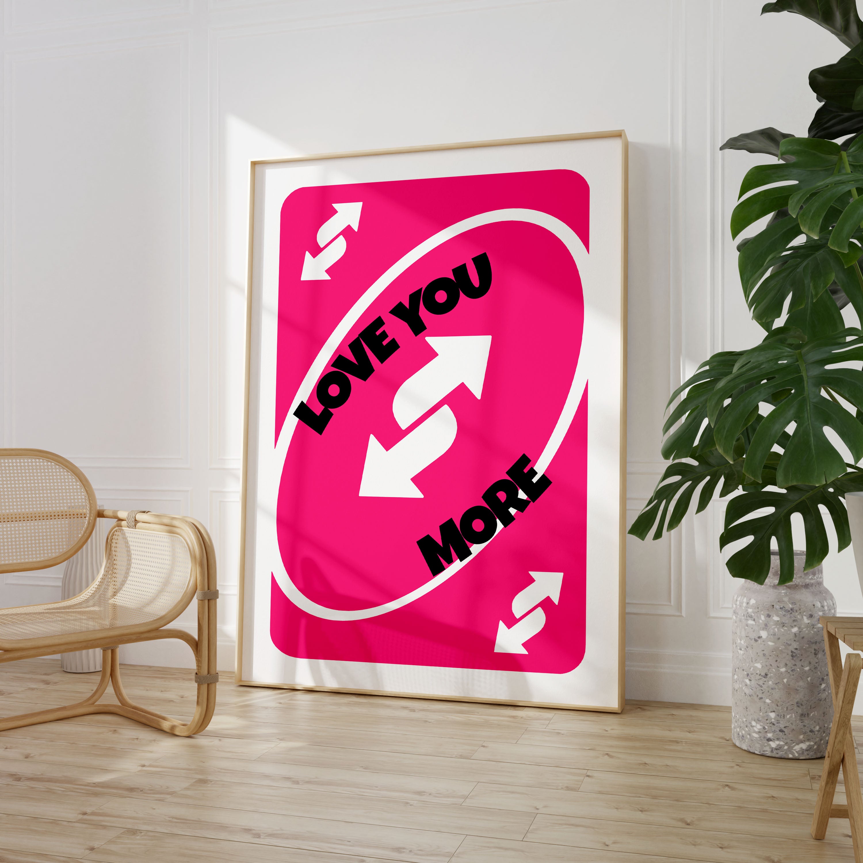 Love You More Uno Card Print Typography Poster Quote Wall Prints Home Decor Gift Valentines Gift Hot Pink