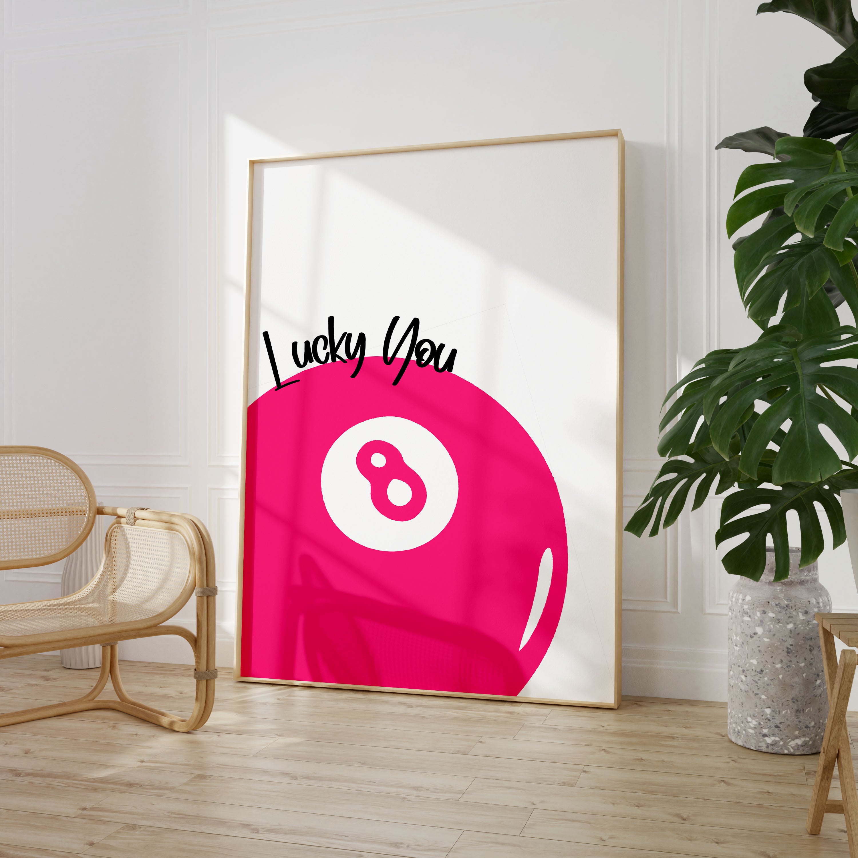 Lucky You 8 Ball Print Typography Poster Quote Wall Prints Home Decor Hot Pink