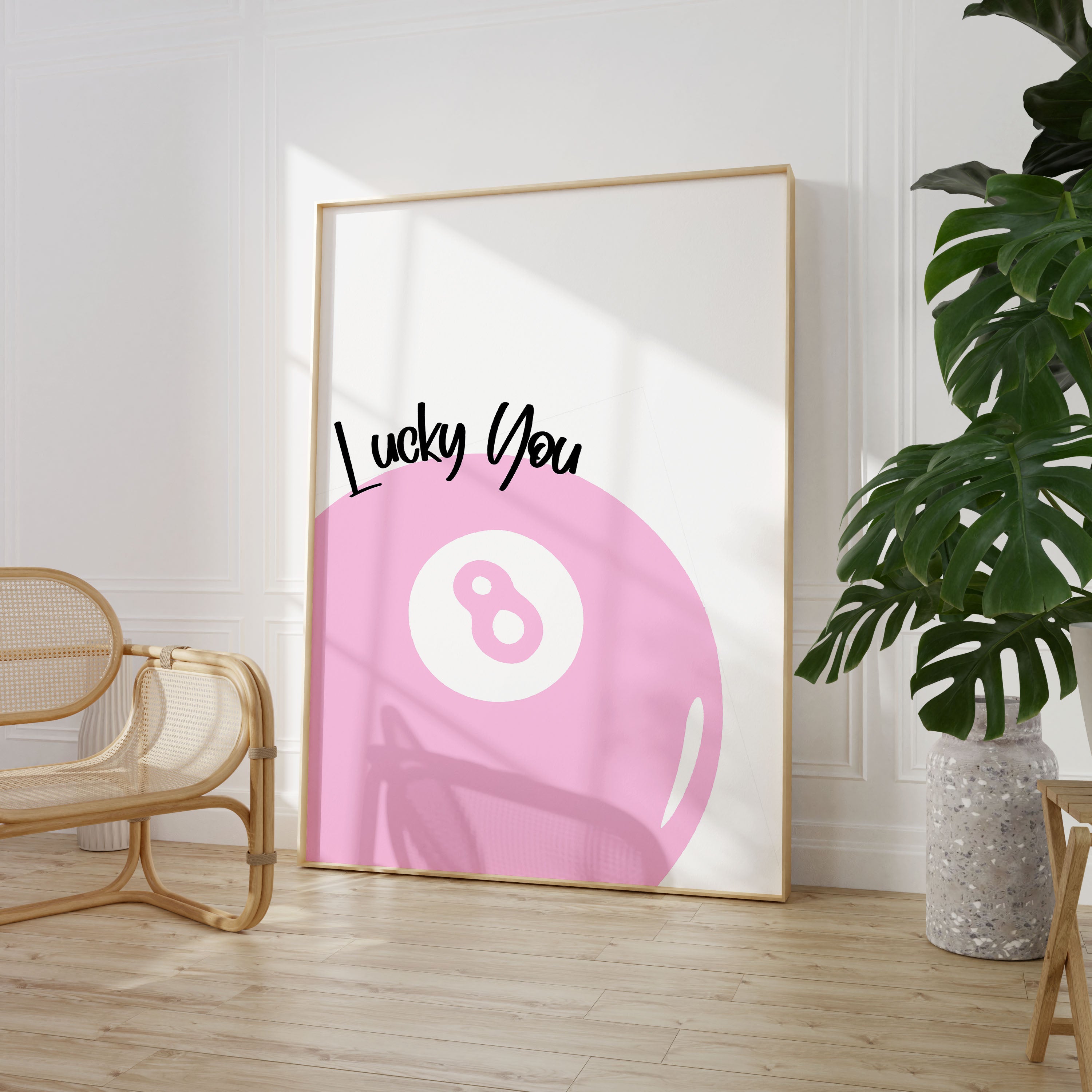 Lucky You 8 Ball Print Typography Poster Quote Wall Prints Home Decor Light Pink