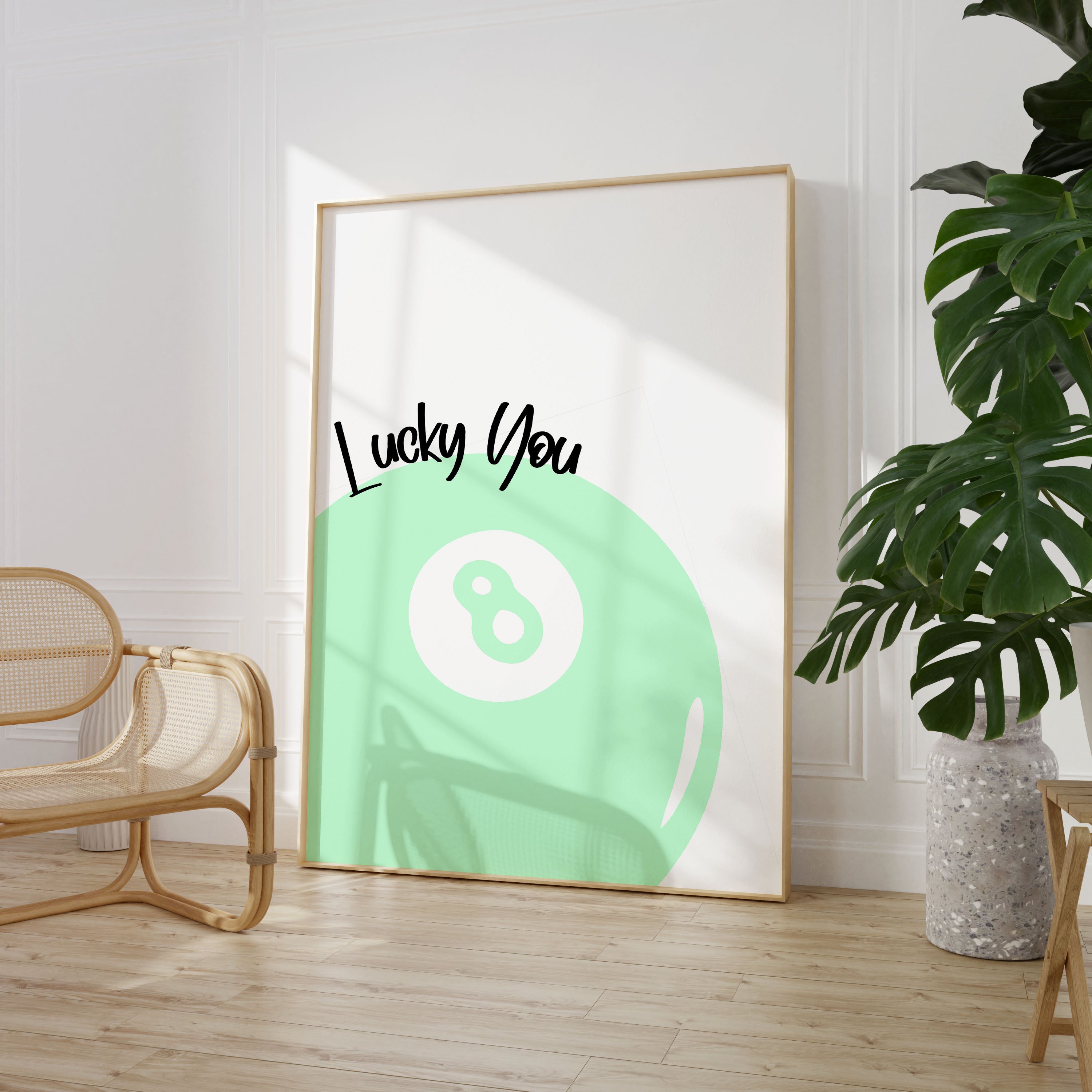 Lucky You 8 Ball Print Typography Poster Quote Wall Prints Home Decor Mint