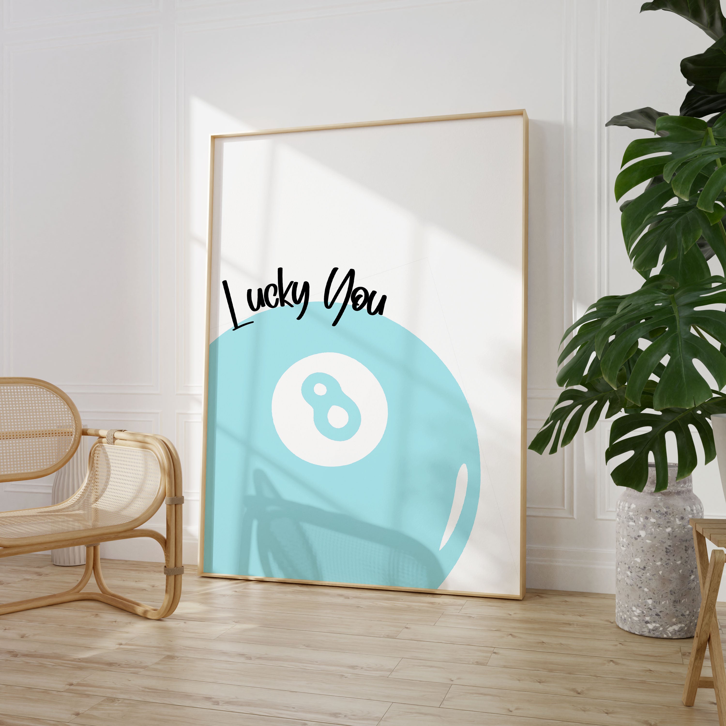 Lucky You 8 Ball Print Typography Poster Quote Wall Prints Home Decor Pastel Blue