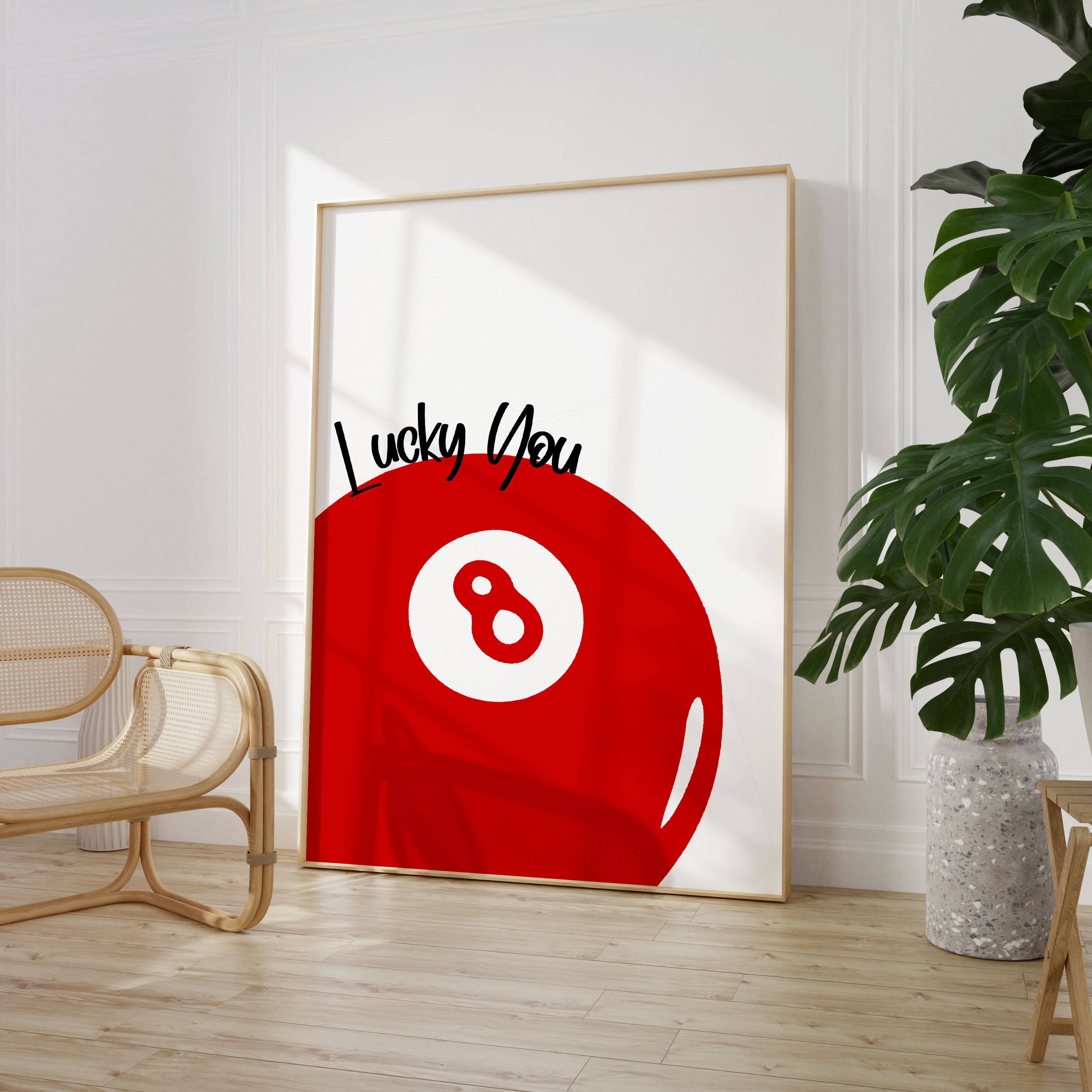 Lucky You 8 Ball Print Typography Poster Quote Wall Prints Home Decor Red