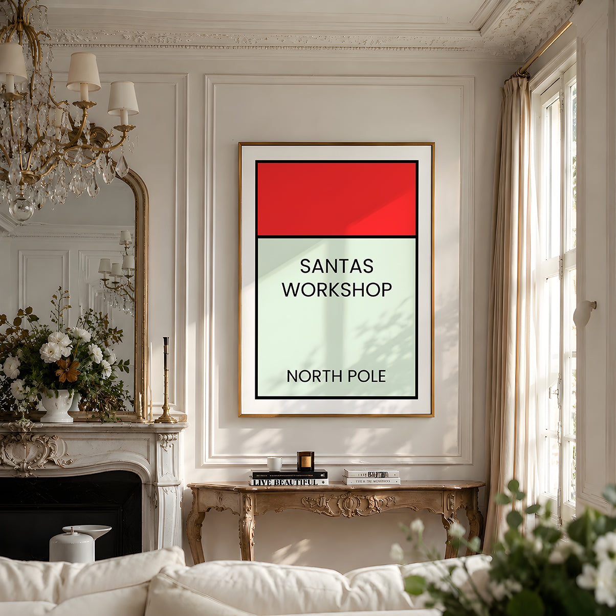 Santa's Workshop North Pole Christmas Wall Art Print – Retro Board Game Holiday Decor