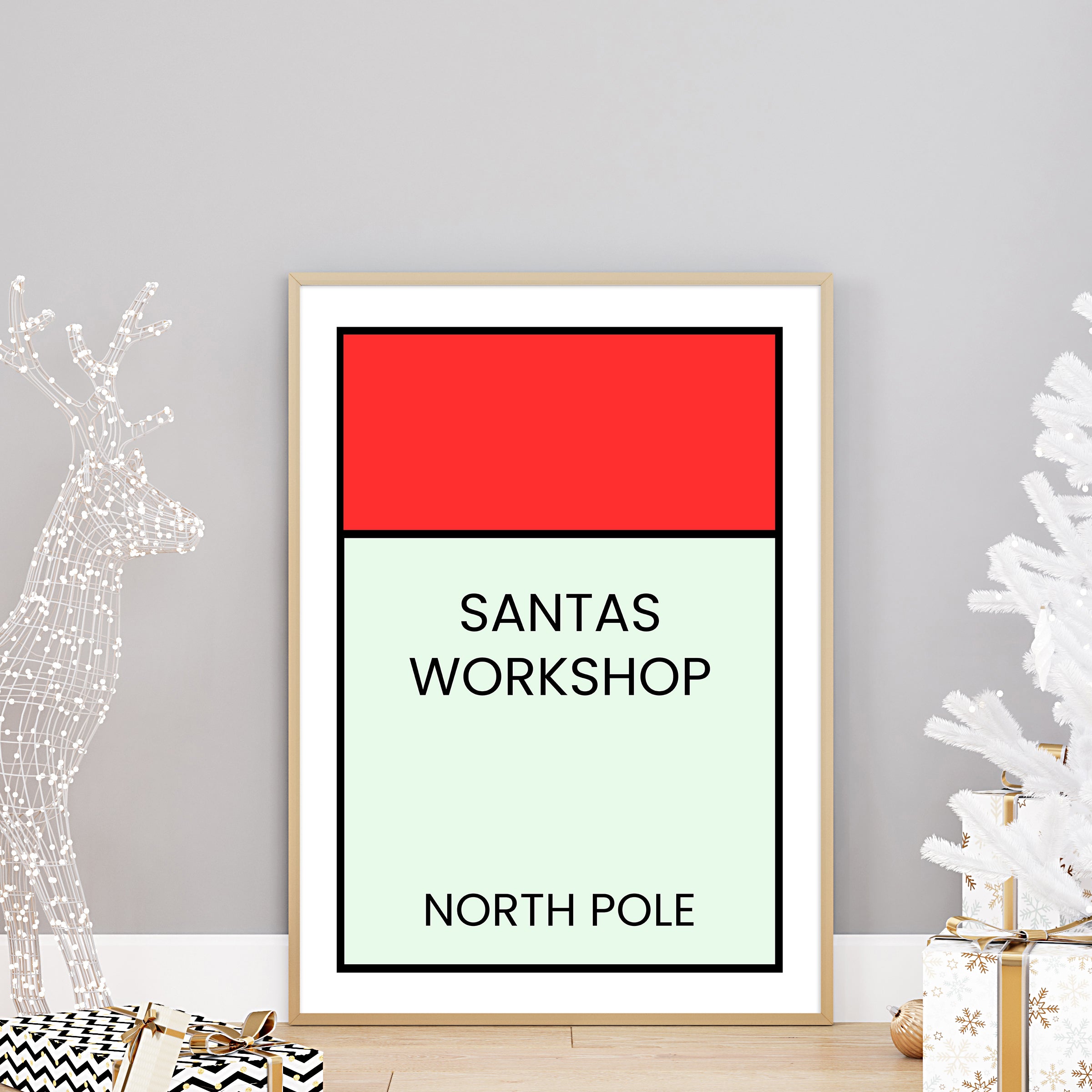 Santa's Workshop North Pole Christmas Wall Art Print – Retro Board Game Holiday Decor