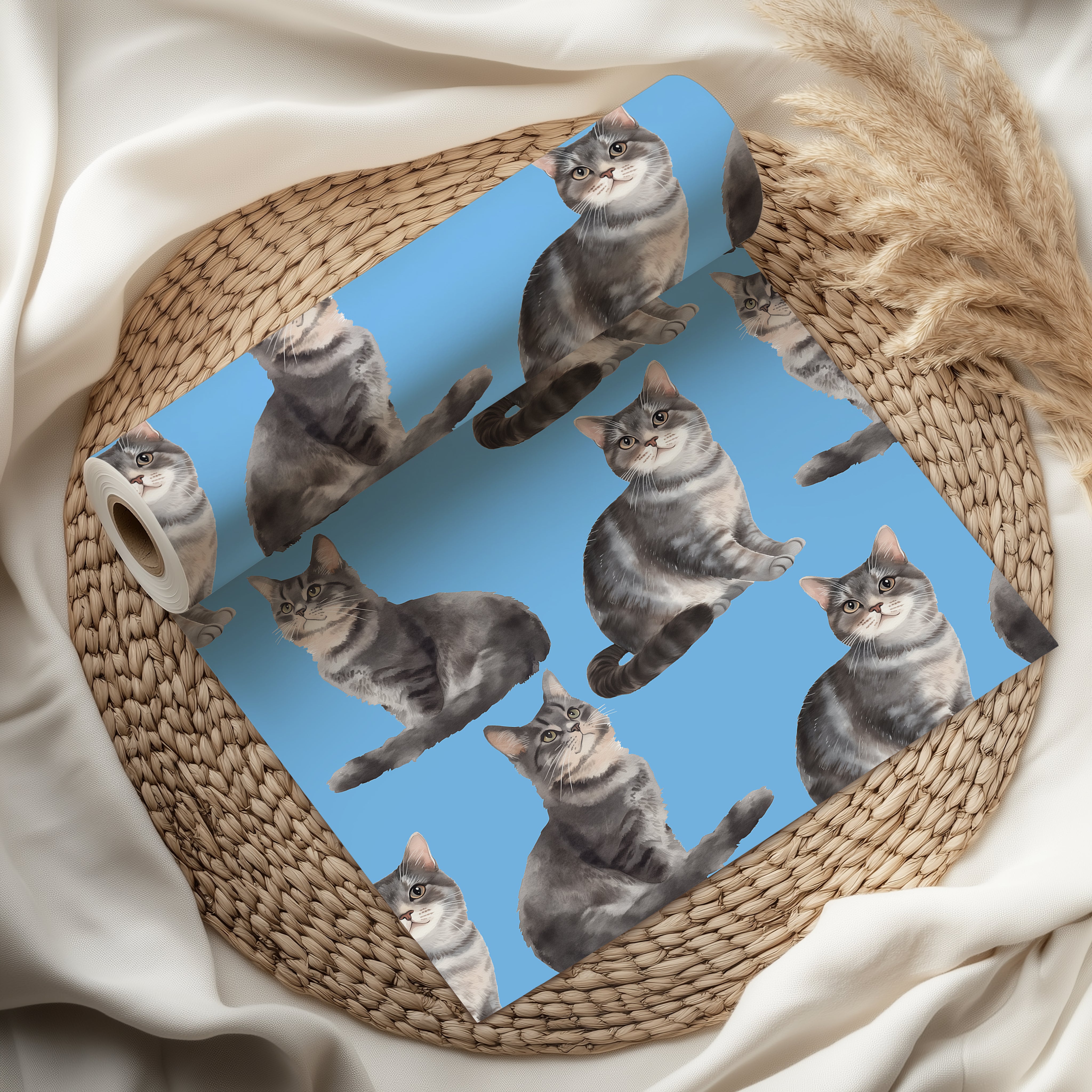 Watercolour Cat Wrapping Paper Sheet – Adorable Tabby Kitten Gift Wrap for Cat Lovers