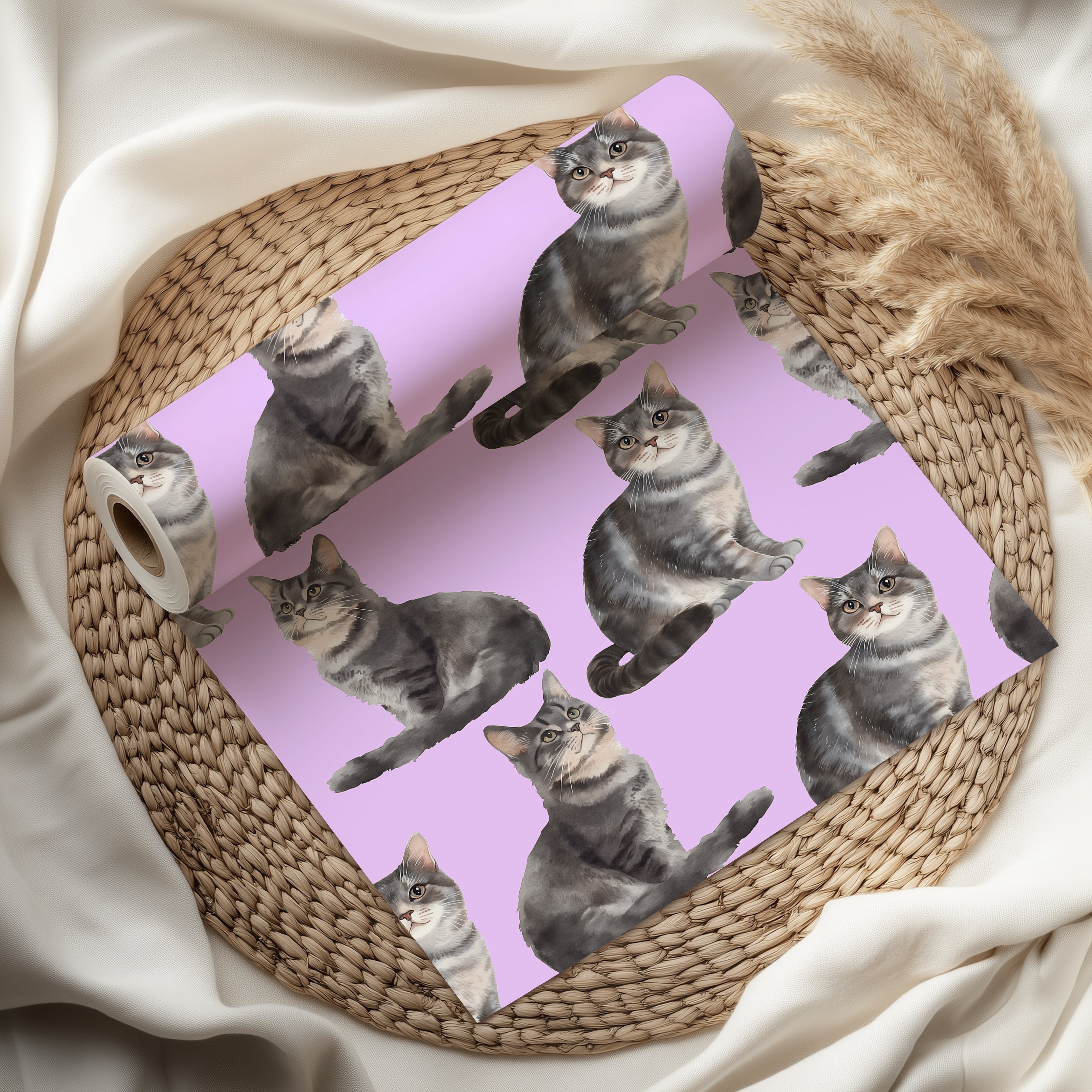 Watercolour Cat Wrapping Paper Sheet – Adorable Tabby Kitten Gift Wrap for Cat Lovers